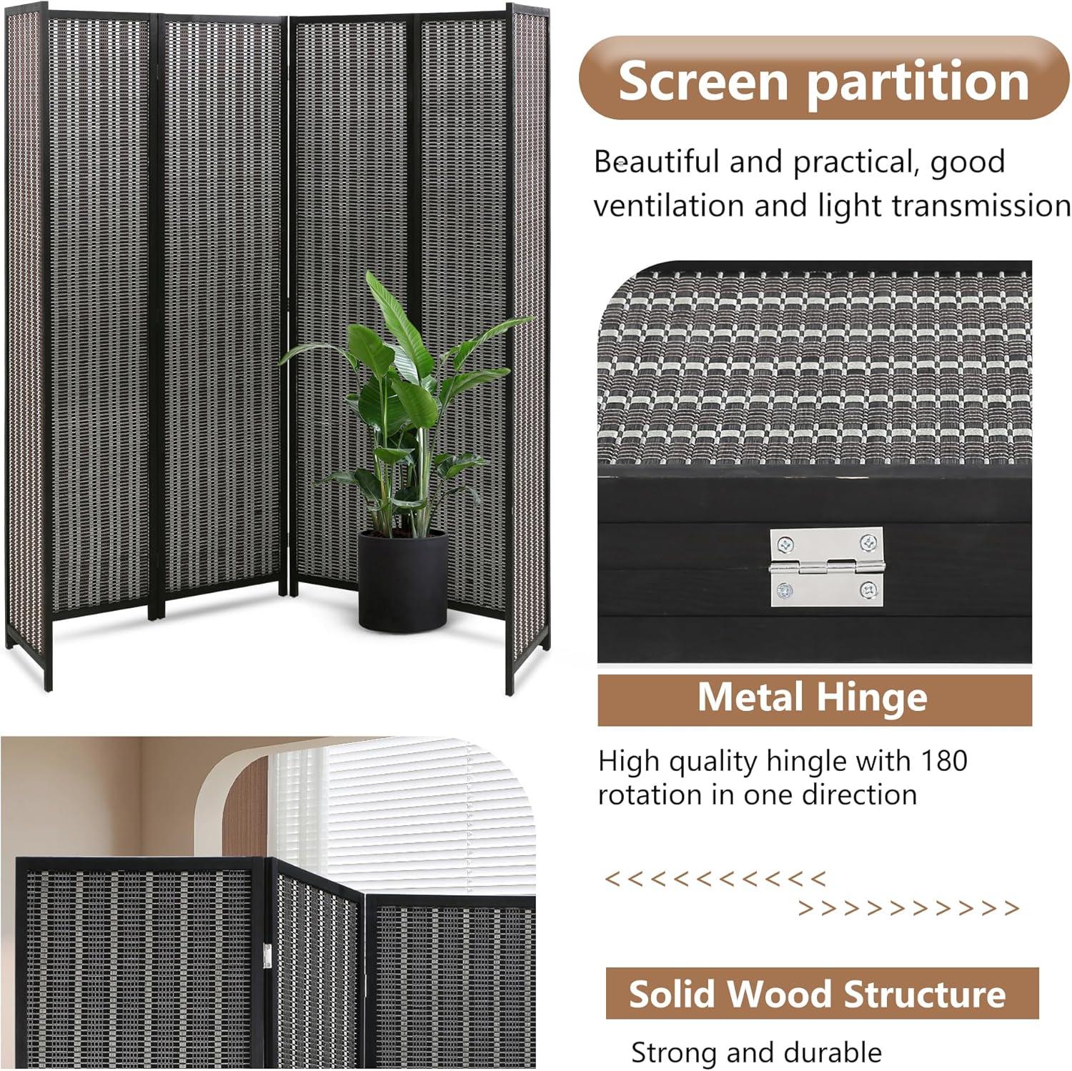 image:imageFDW Bamboo Room Divider Folding Privacy Wooden Screen 4 Panel 72 Inches High 177 Inches Wide Room Divider for Bedroom Office StudyNaturalCoal Black