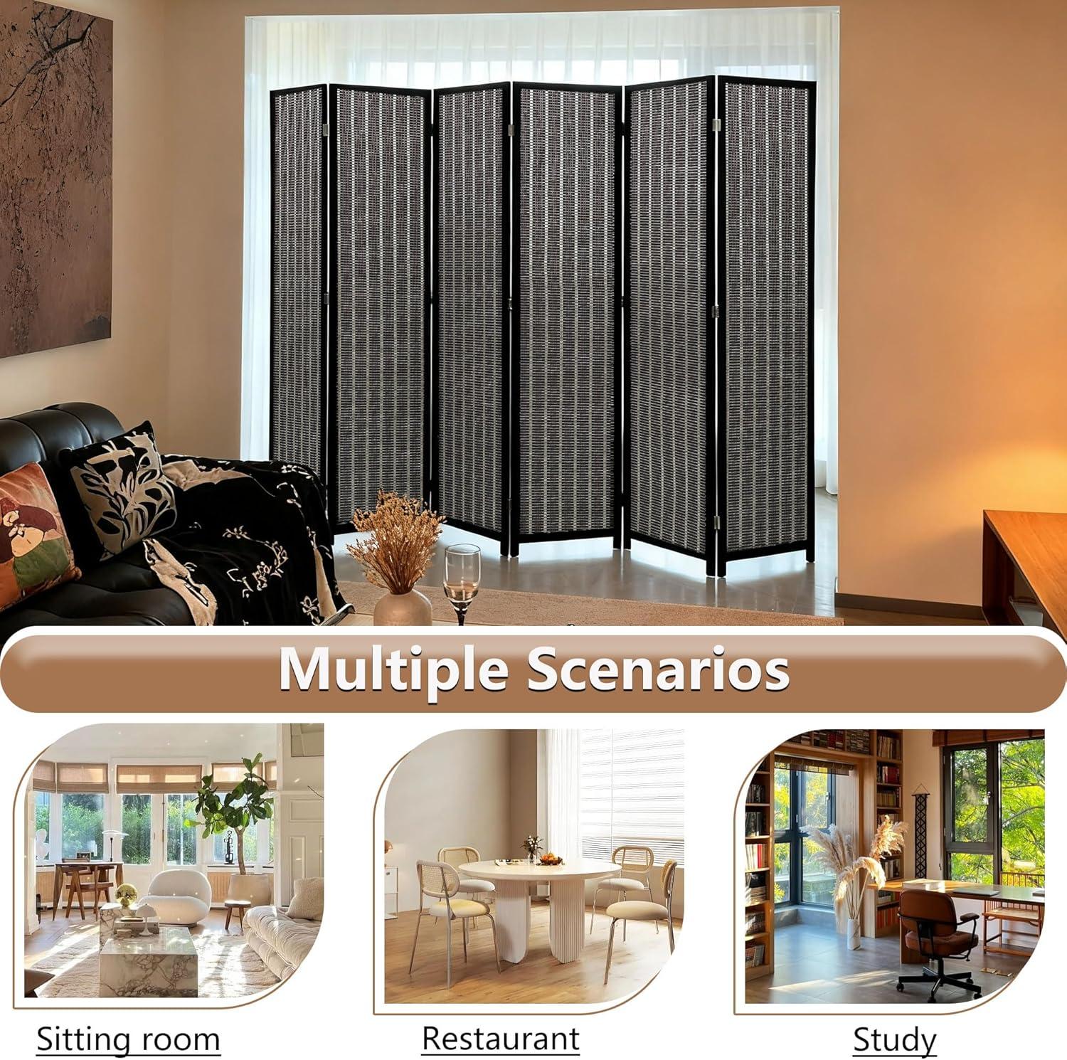 image:imageFDW Bamboo Room Divider Folding Privacy Wooden Screen 4 Panel 72 Inches High 177 Inches Wide Room Divider for Bedroom Office StudyNaturalCoal Black