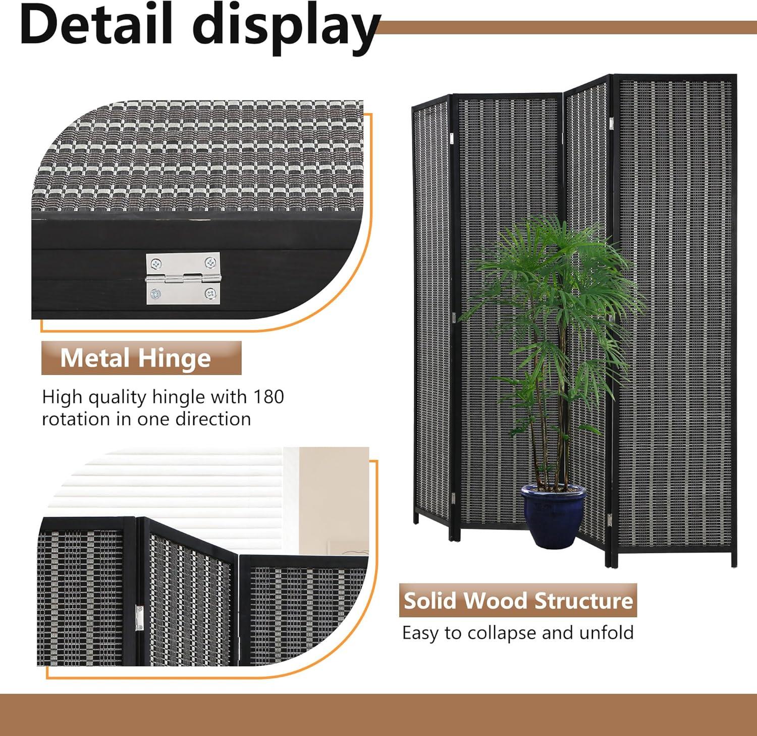image:imageFDW Bamboo Room Divider Folding Privacy Wooden Screen 4 Panel 72 Inches High 177 Inches Wide Room Divider for Bedroom Office StudyNaturalCoal Black