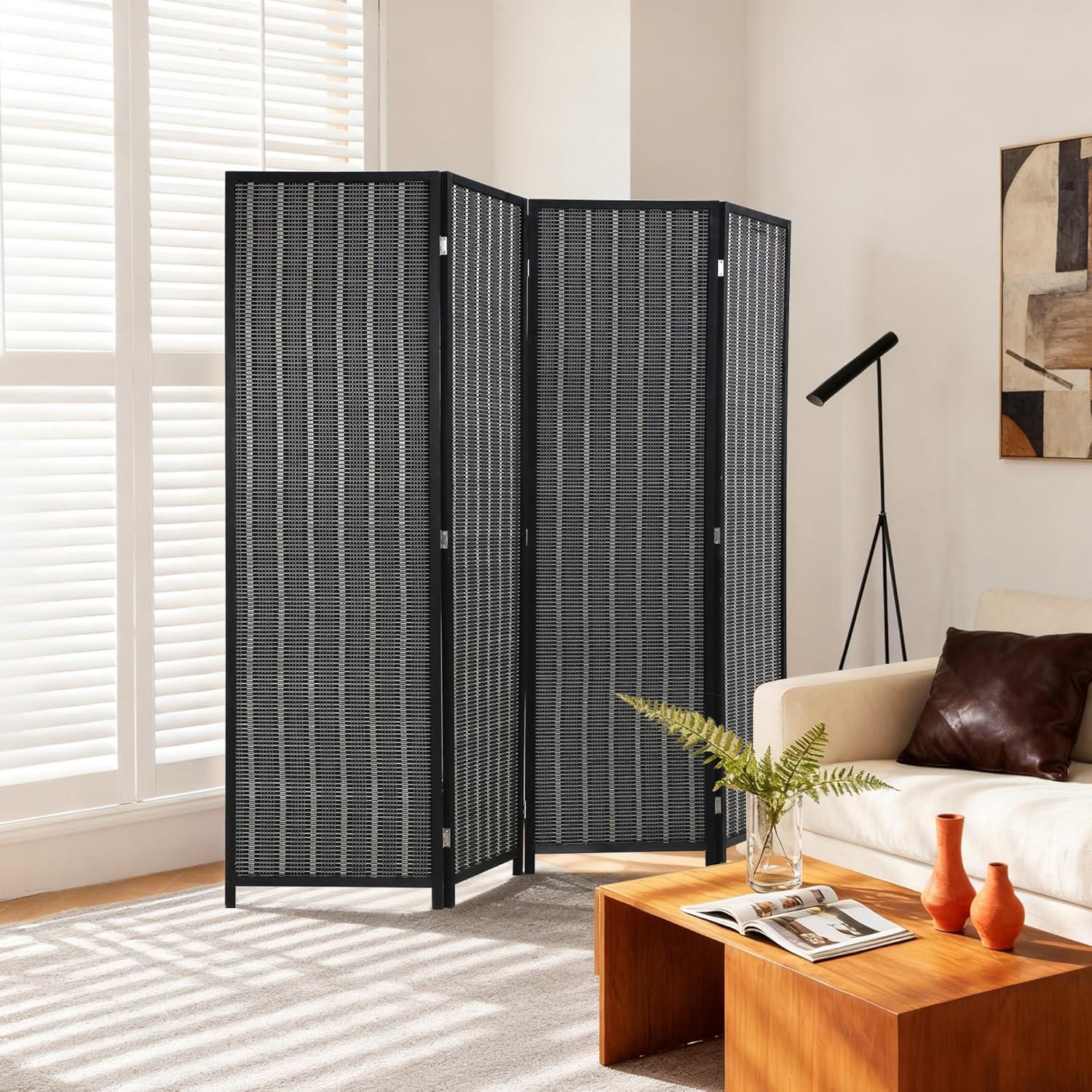 image:imageFDW Bamboo Room Divider Folding Privacy Wooden Screen 4 Panel 72 Inches High 177 Inches Wide Room Divider for Bedroom Office StudyNaturalCoal Black