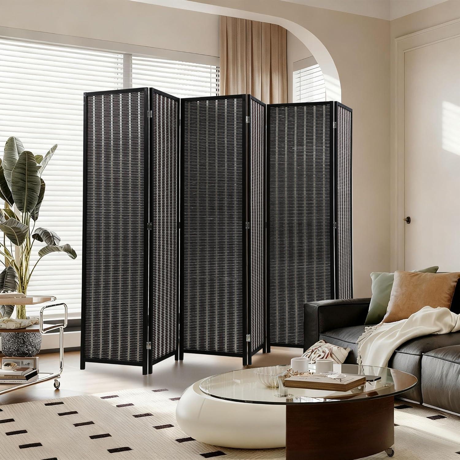 image:imageFDW Bamboo Room Divider Folding Privacy Wooden Screen 4 Panel 72 Inches High 177 Inches Wide Room Divider for Bedroom Office StudyNaturalCoal Black