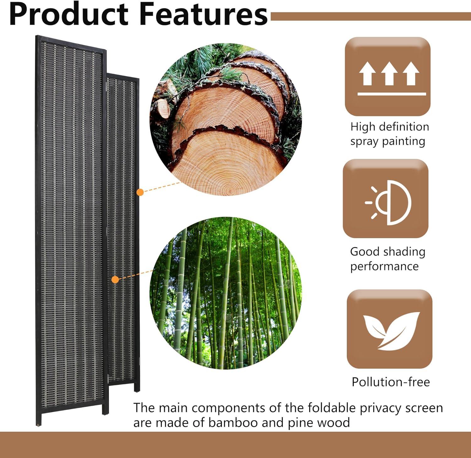 image:imageFDW Bamboo Room Divider Folding Privacy Wooden Screen 4 Panel 72 Inches High 177 Inches Wide Room Divider for Bedroom Office StudyNaturalCoal Black