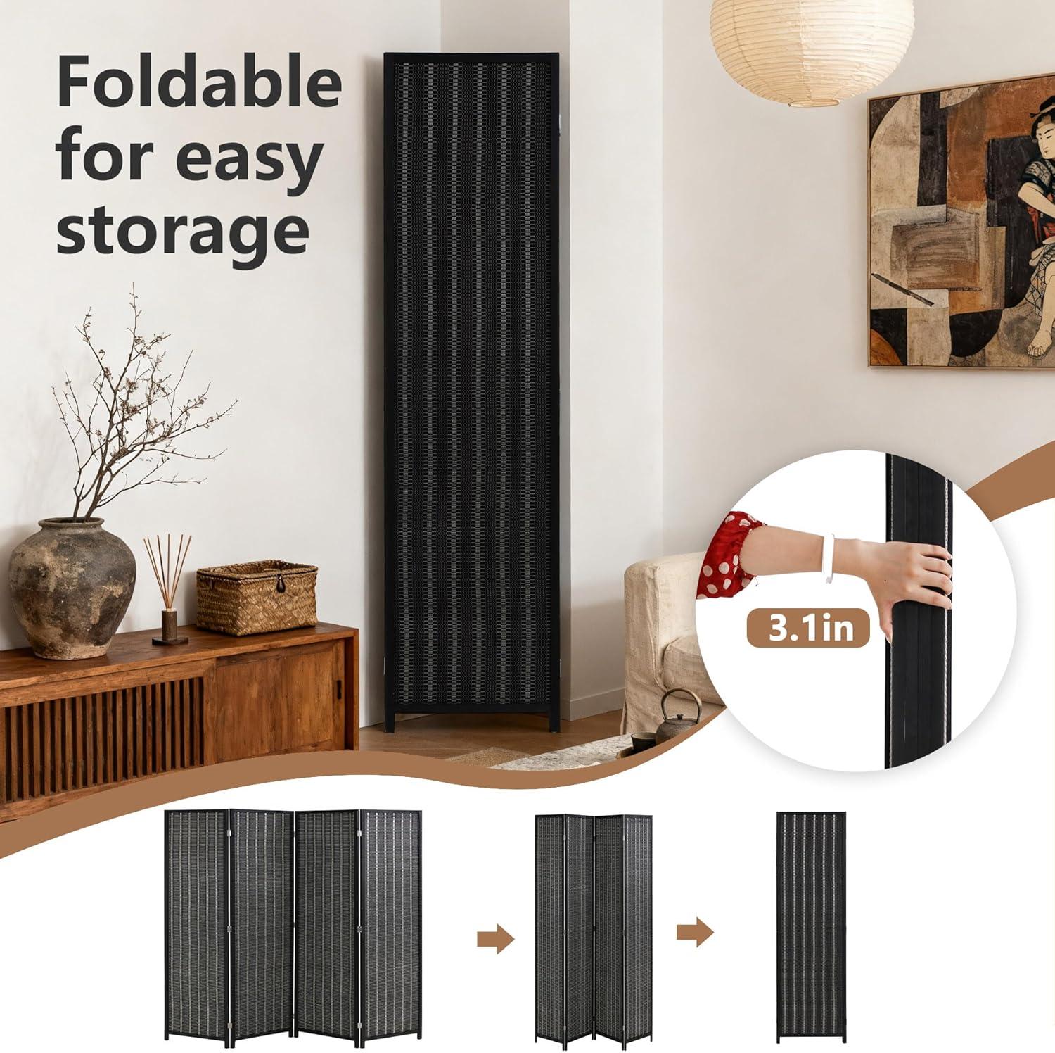 image:imageFDW Bamboo Room Divider Folding Privacy Wooden Screen 4 Panel 72 Inches High 177 Inches Wide Room Divider for Bedroom Office StudyNaturalCoal Black