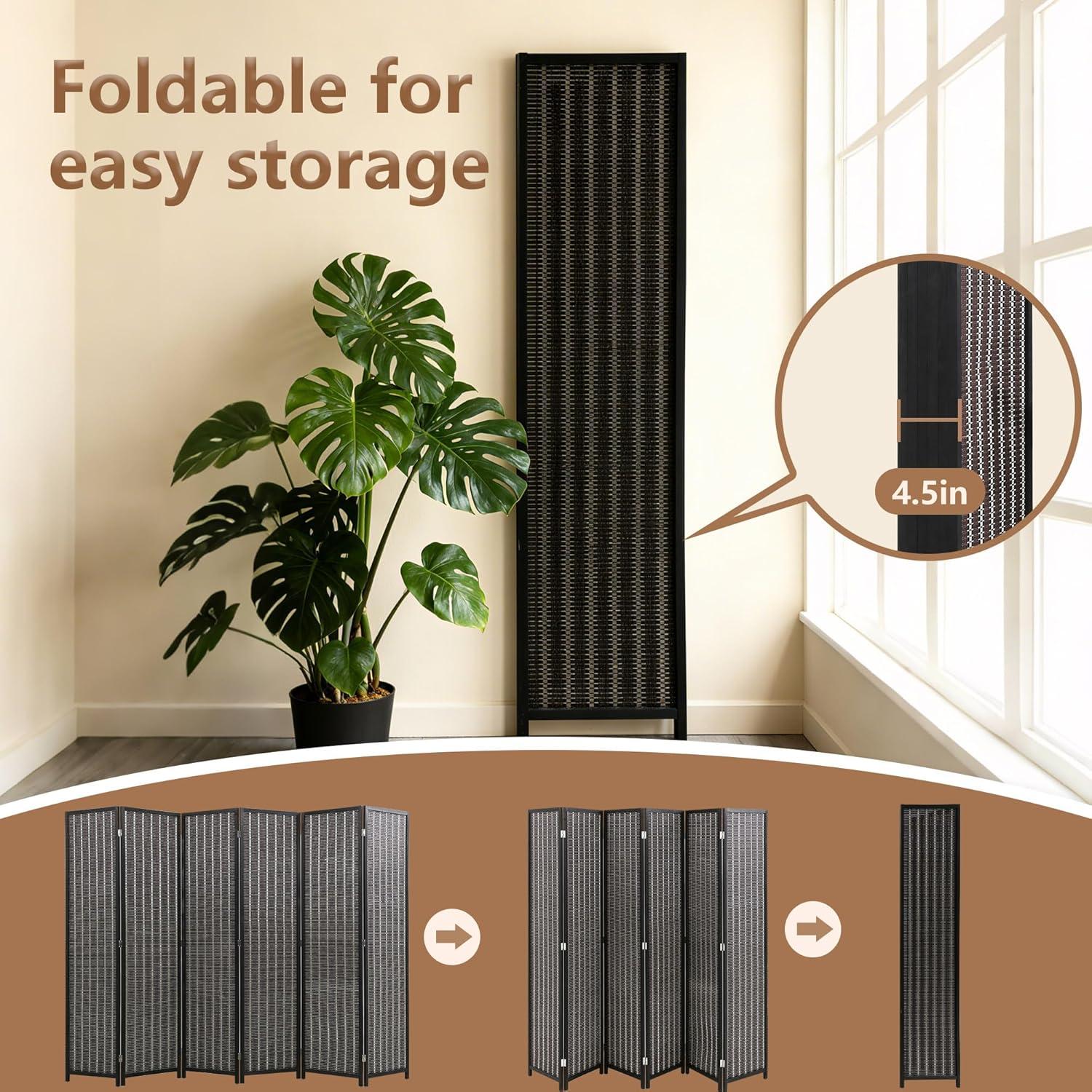 image:imageFDW Bamboo Room Divider Folding Privacy Wooden Screen 4 Panel 72 Inches High 177 Inches Wide Room Divider for Bedroom Office StudyNaturalCoal Black