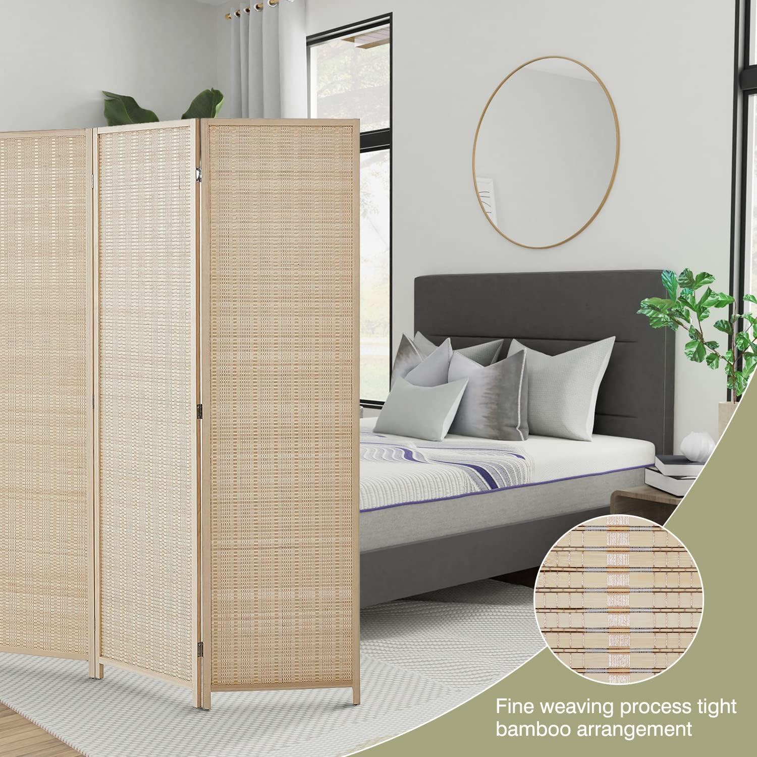 image:imageFDW Bamboo Room Divider Folding Privacy Wooden Screen 4 Panel 72 Inches High 177 Inches Wide Room Divider for Bedroom Office StudyNaturalNatural