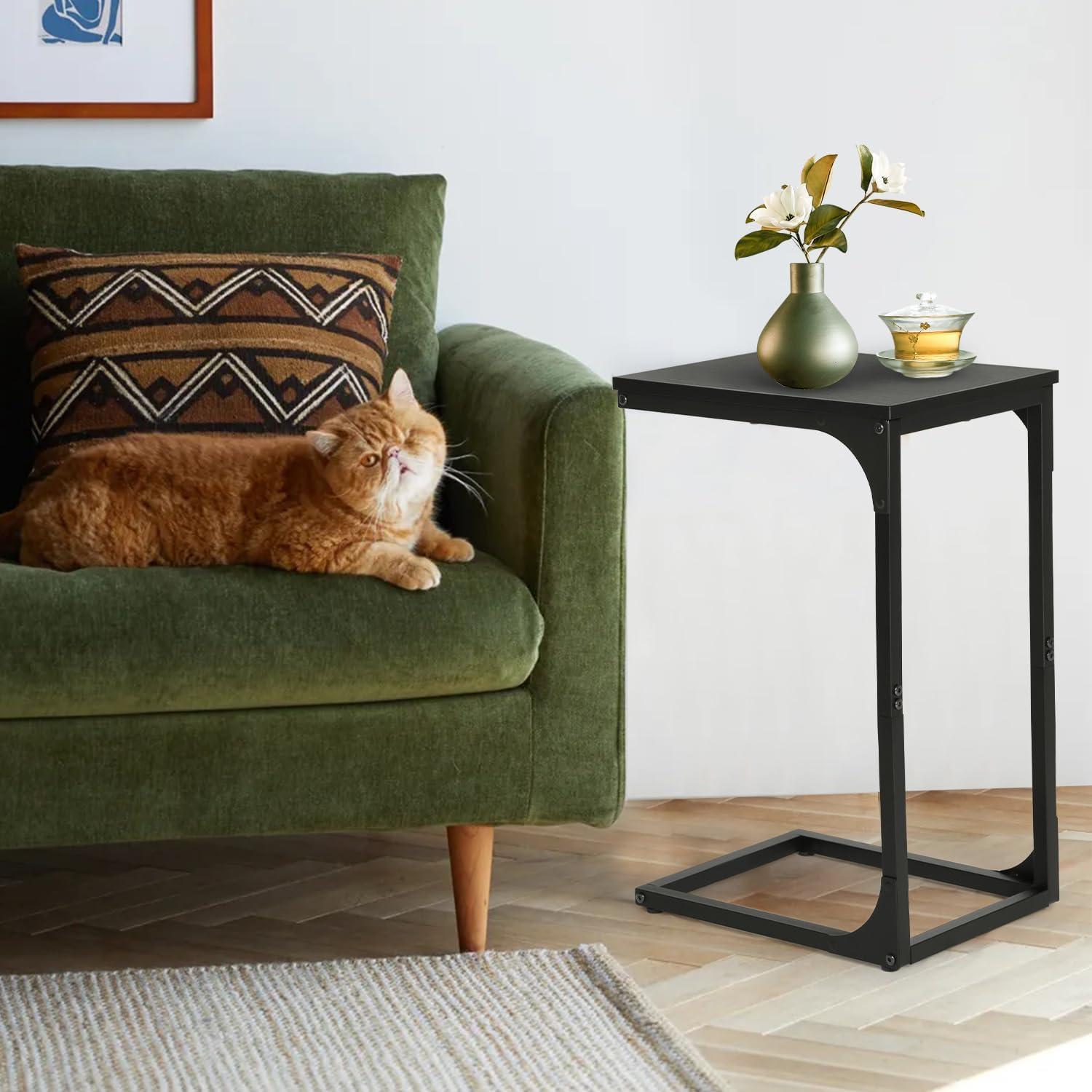 image:imageFDW CShaped End Table Wooden Top Side Table Adjustable Feet Small Cough Table Bedside End Table with Metal Frame for Bedroom Living RoomBrownBlack