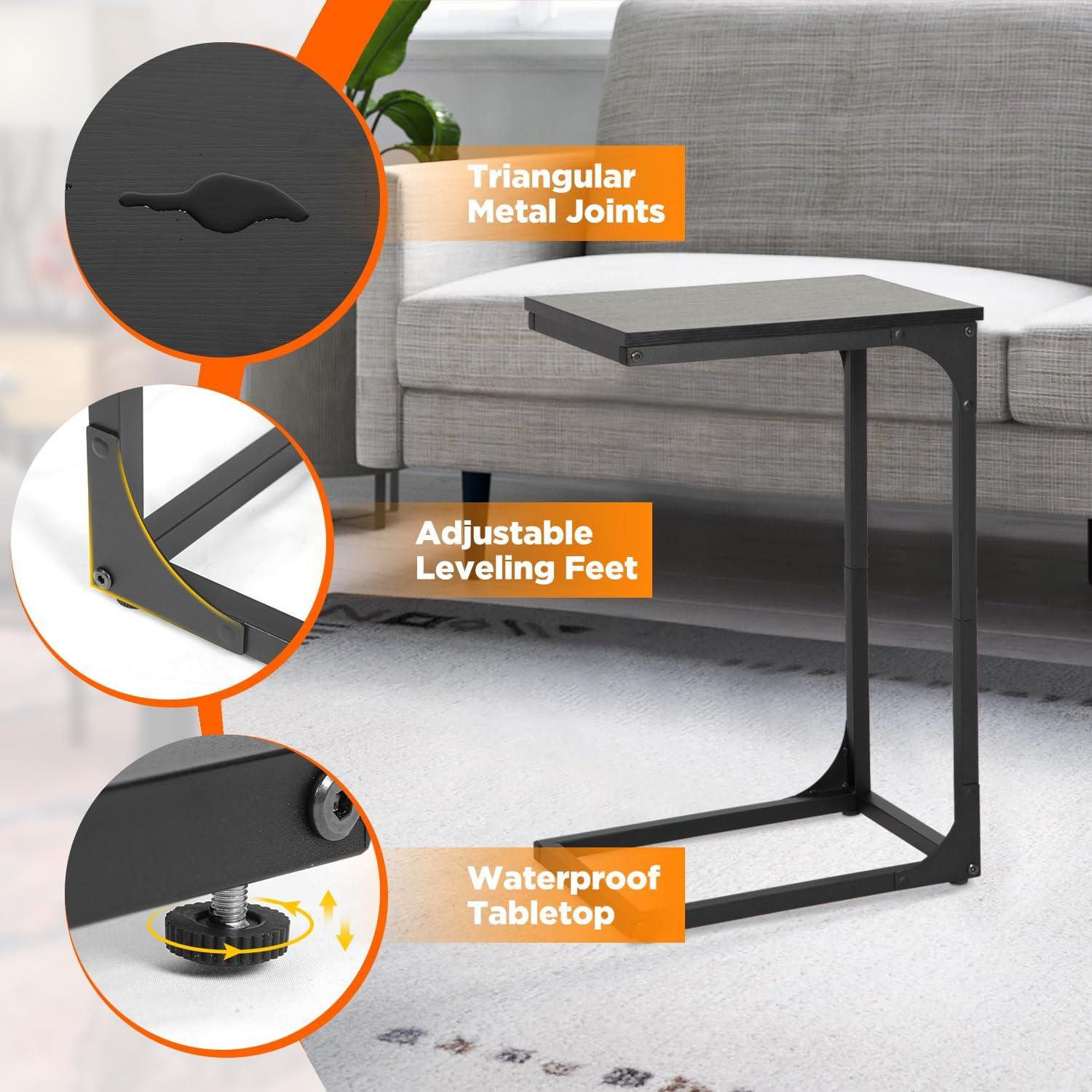 image:imageFDW CShaped End Table Wooden Top Side Table Adjustable Feet Small Cough Table Bedside End Table with Metal Frame for Bedroom Living RoomBrownBlack