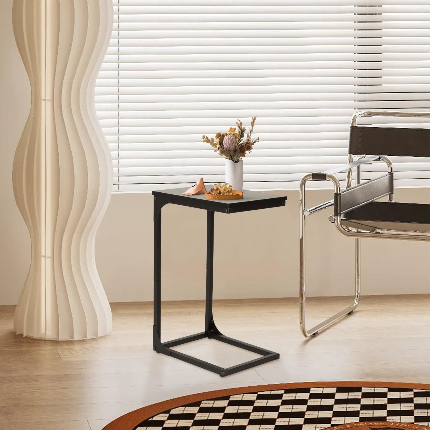image:imageFDW CShaped End Table Wooden Top Side Table Adjustable Feet Small Cough Table Bedside End Table with Metal Frame for Bedroom Living RoomBrownBlack