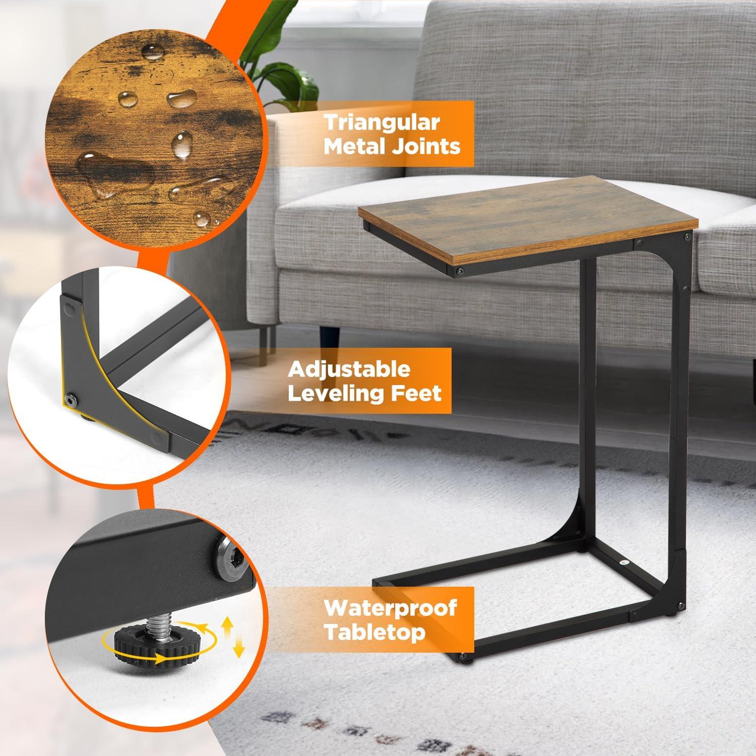 image:imageFDW CShaped End Table Wooden Top Side Table Adjustable Feet Small Cough Table Bedside End Table with Metal Frame for Bedroom Living RoomBrownBrown