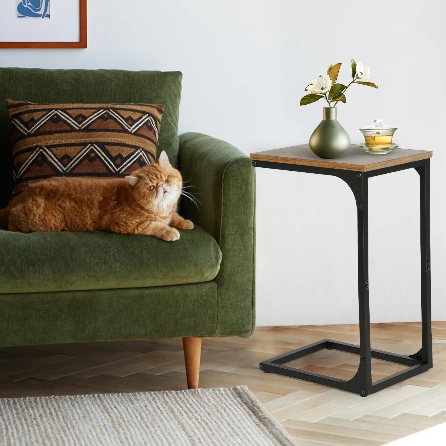 image:imageFDW CShaped End Table Wooden Top Side Table Adjustable Feet Small Cough Table Bedside End Table with Metal Frame for Bedroom Living RoomBrownBrown