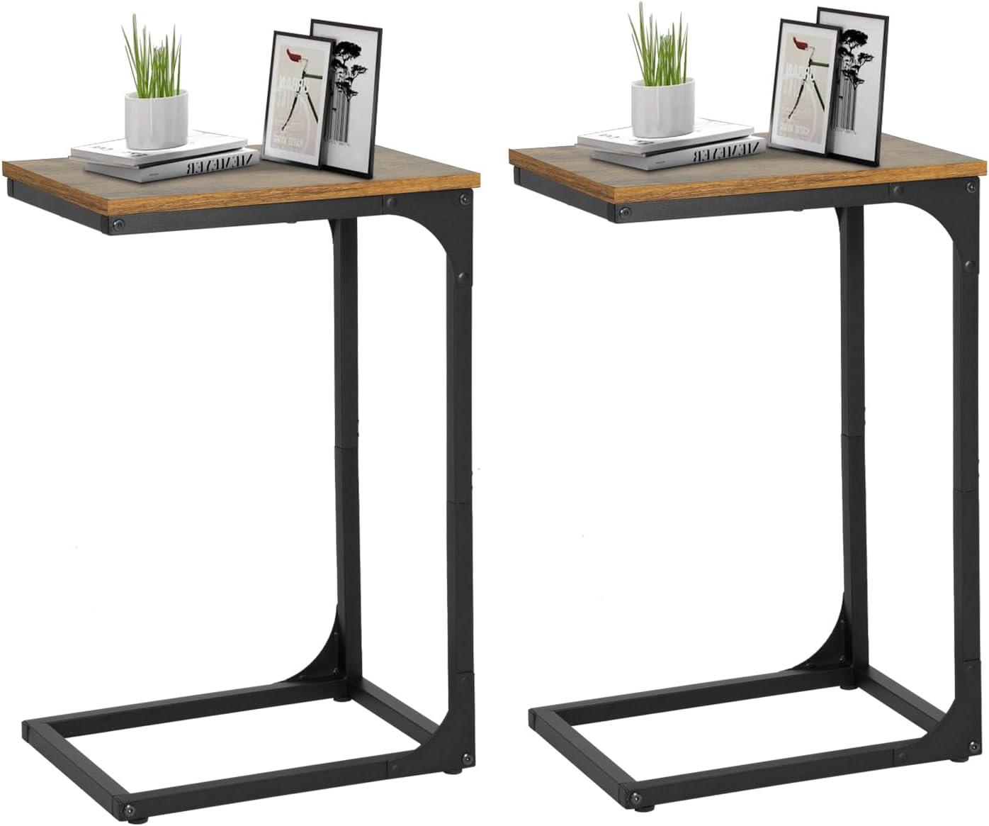 image:imageFDW CShaped End Table Wooden Top Side Table Adjustable Feet Small Cough Table Bedside End Table with Metal Frame for Bedroom Living RoomBrownBrown