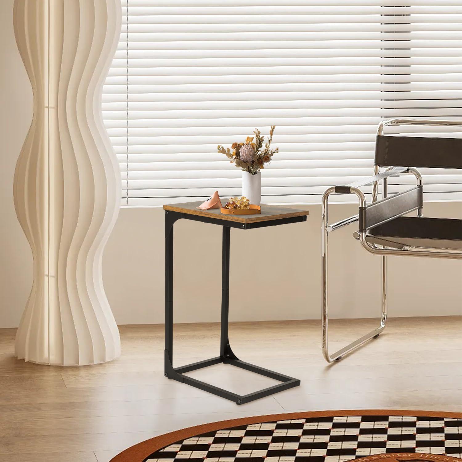 image:imageFDW CShaped End Table Wooden Top Side Table Adjustable Feet Small Cough Table Bedside End Table with Metal Frame for Bedroom Living RoomBrownBrown