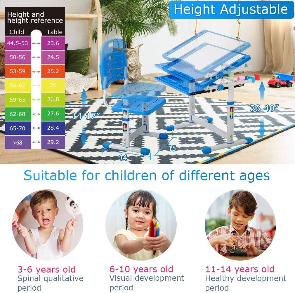 image:imageFDW Kids Desk Children Writing Student Desk Drafting Table Height Adjustable Study Table and Chair with Drawers StoragePinkBlue