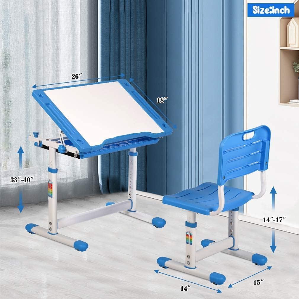 image:imageFDW Kids Desk Children Writing Student Desk Drafting Table Height Adjustable Study Table and Chair with Drawers StoragePinkBlue