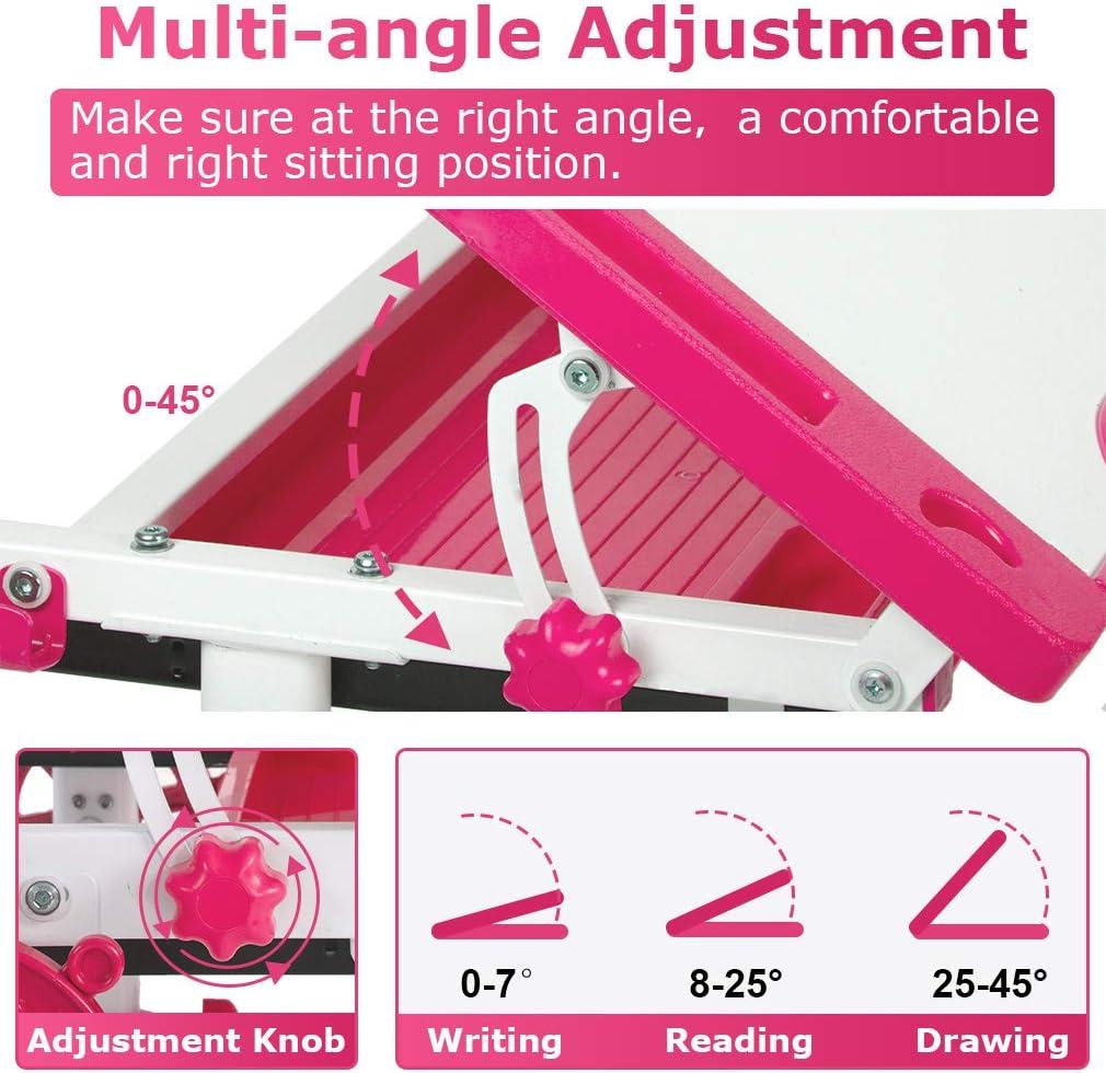 image:imageFDW Kids Desk Children Writing Student Desk Drafting Table Height Adjustable Study Table and Chair with Drawers StoragePinkPink