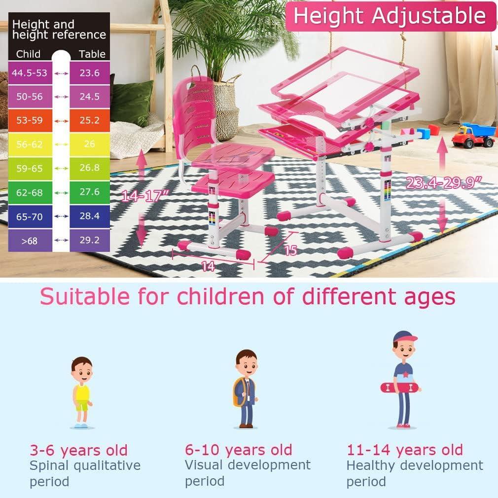 image:imageFDW Kids Desk Children Writing Student Desk Drafting Table Height Adjustable Study Table and Chair with Drawers StoragePinkPink