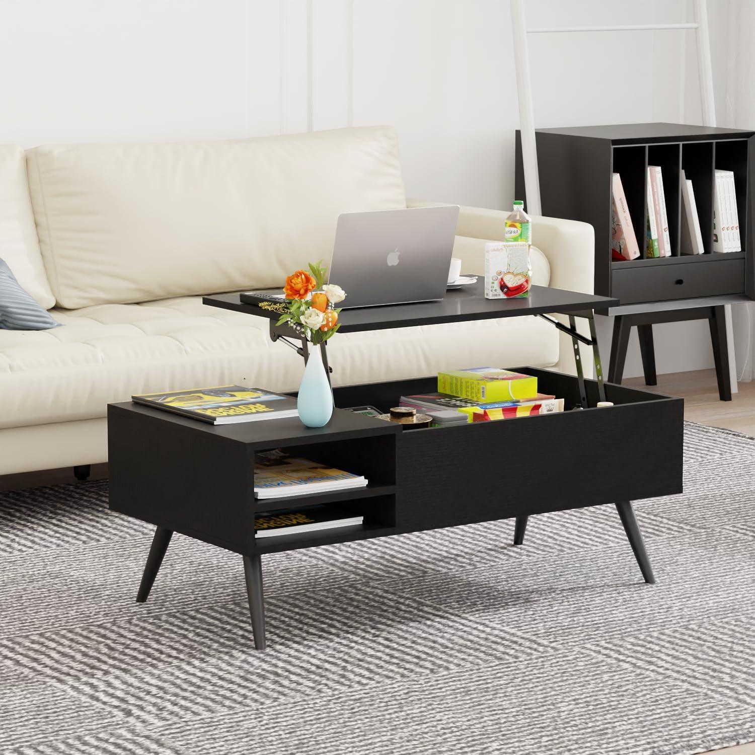 image:imageModern Lift Top Coffee Table Wooden Small Coffee Table Easy Setup Coffee Table with Storage Shelf Hidden Compartment for Living Room Home Office BrownBlack