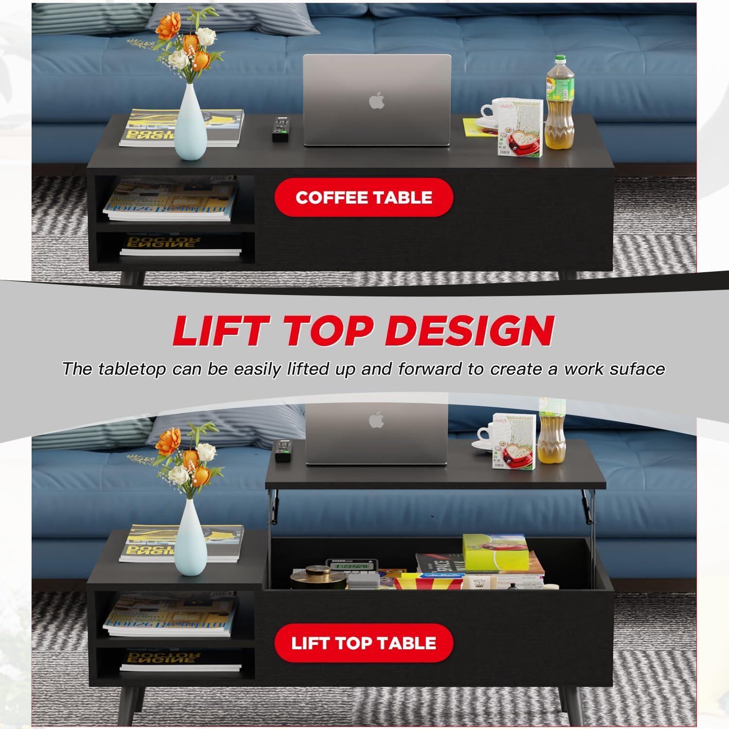 image:imageModern Lift Top Coffee Table Wooden Small Coffee Table Easy Setup Coffee Table with Storage Shelf Hidden Compartment for Living Room Home Office BrownBlack