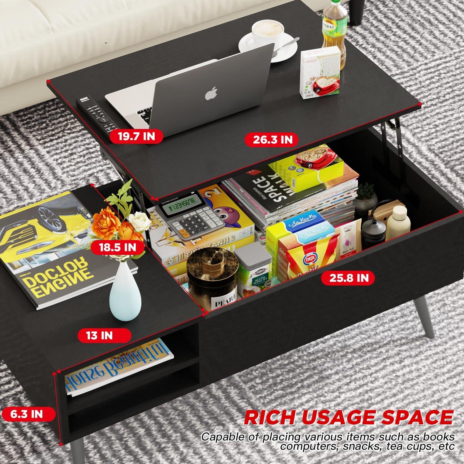 image:imageModern Lift Top Coffee Table Wooden Small Coffee Table Easy Setup Coffee Table with Storage Shelf Hidden Compartment for Living Room Home Office BrownBlack