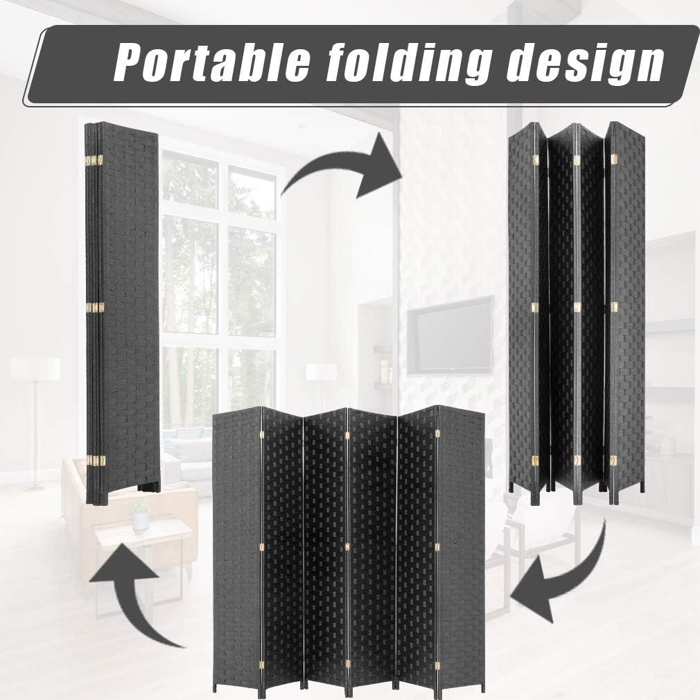 image:imageRoom Divider Wood Screen Wood Mesh Woven Design Room Screen Divider Folding Portable Partition Screen Screen Wood for Home Office 4 Panel GrayBlack