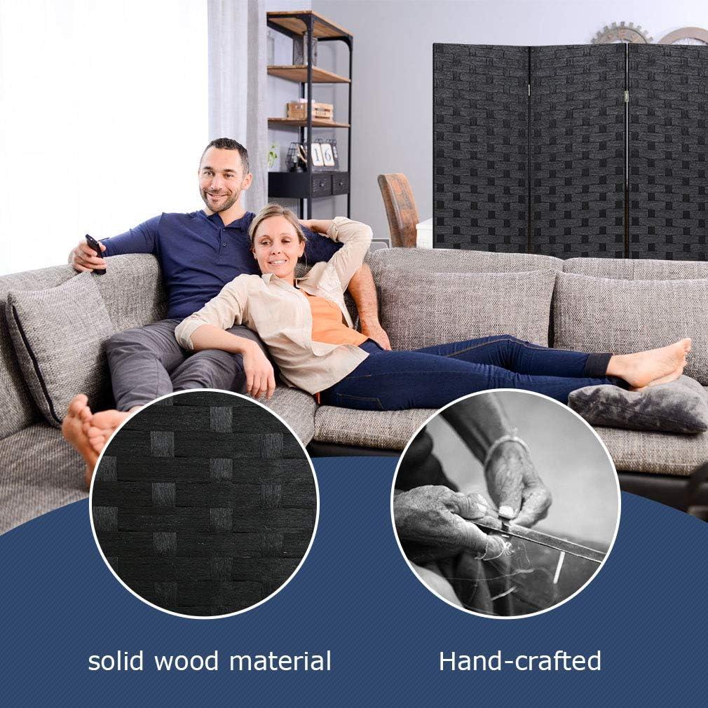 image:imageRoom Divider Wood Screen Wood Mesh Woven Design Room Screen Divider Folding Portable Partition Screen Screen Wood for Home Office 4 Panel GrayBlack