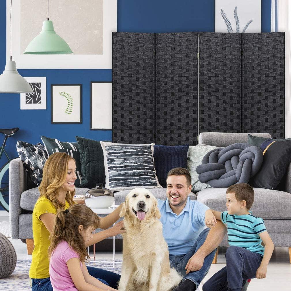 image:imageRoom Divider Wood Screen Wood Mesh Woven Design Room Screen Divider Folding Portable Partition Screen Screen Wood for Home Office 4 Panel GrayBlack