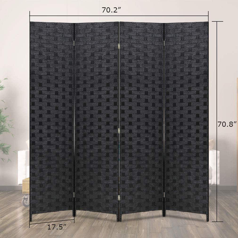 image:imageRoom Divider Wood Screen Wood Mesh Woven Design Room Screen Divider Folding Portable Partition Screen Screen Wood for Home Office 4 Panel GrayBlack