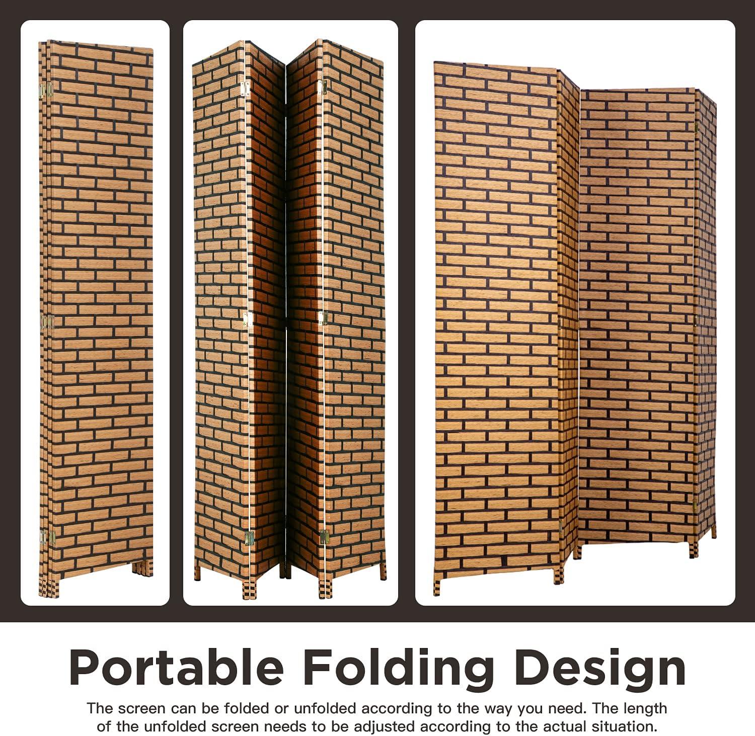 image:imageRoom Divider Wood Screen Wood Mesh Woven Design Room Screen Divider Folding Portable Partition Screen Screen Wood for Home Office 4 Panel GrayBrick