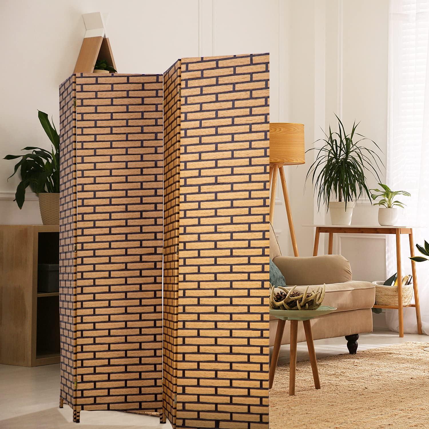 image:imageRoom Divider Wood Screen Wood Mesh Woven Design Room Screen Divider Folding Portable Partition Screen Screen Wood for Home Office 4 Panel GrayBrick