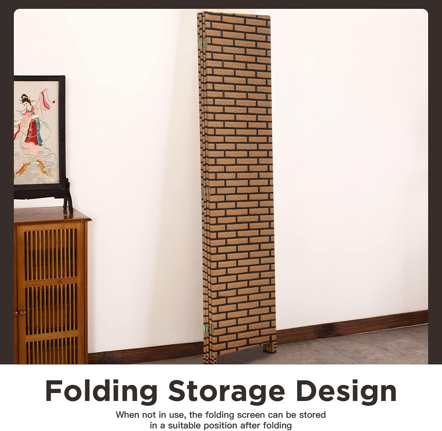 image:imageRoom Divider Wood Screen Wood Mesh Woven Design Room Screen Divider Folding Portable Partition Screen Screen Wood for Home Office 4 Panel GrayBrick