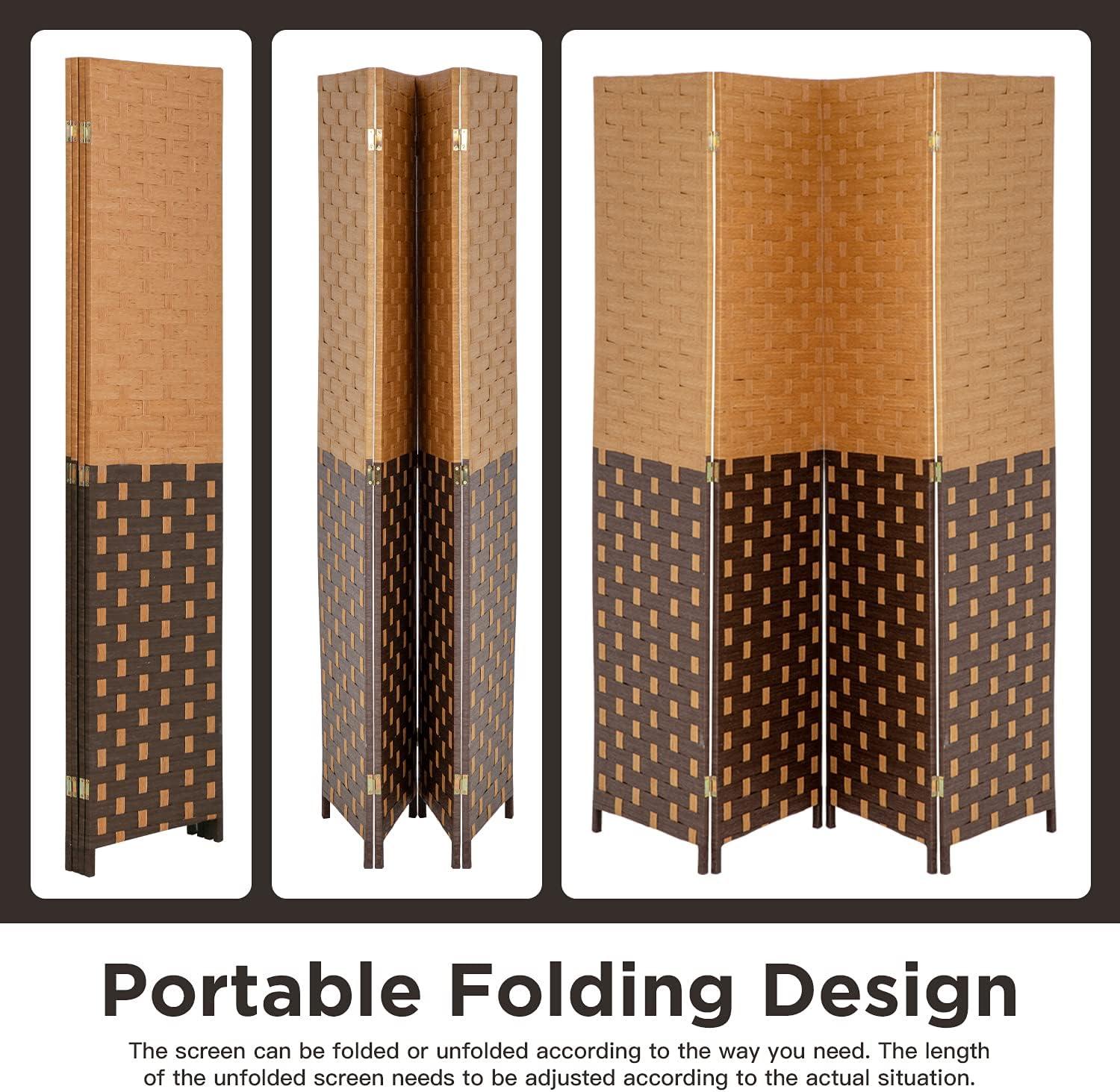 image:imageRoom Divider Wood Screen Wood Mesh Woven Design Room Screen Divider Folding Portable Partition Screen Screen Wood for Home Office 4 Panel GrayCM