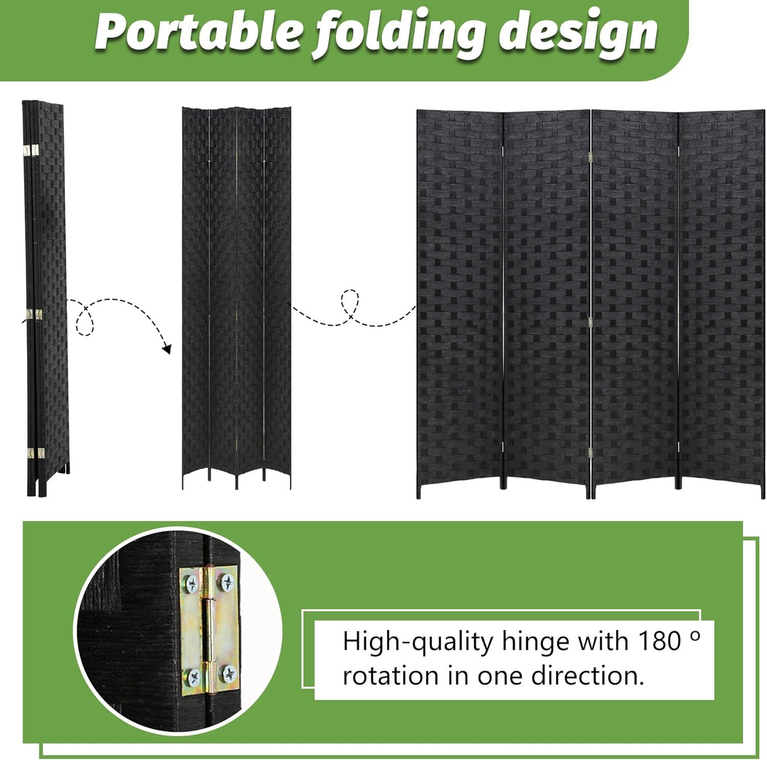 image:imageRoom Divider Wood Screen Wood Mesh Woven Design Room Screen Divider Folding Portable Partition Screen Screen Wood for Home Office 4 Panel GrayCoal Black