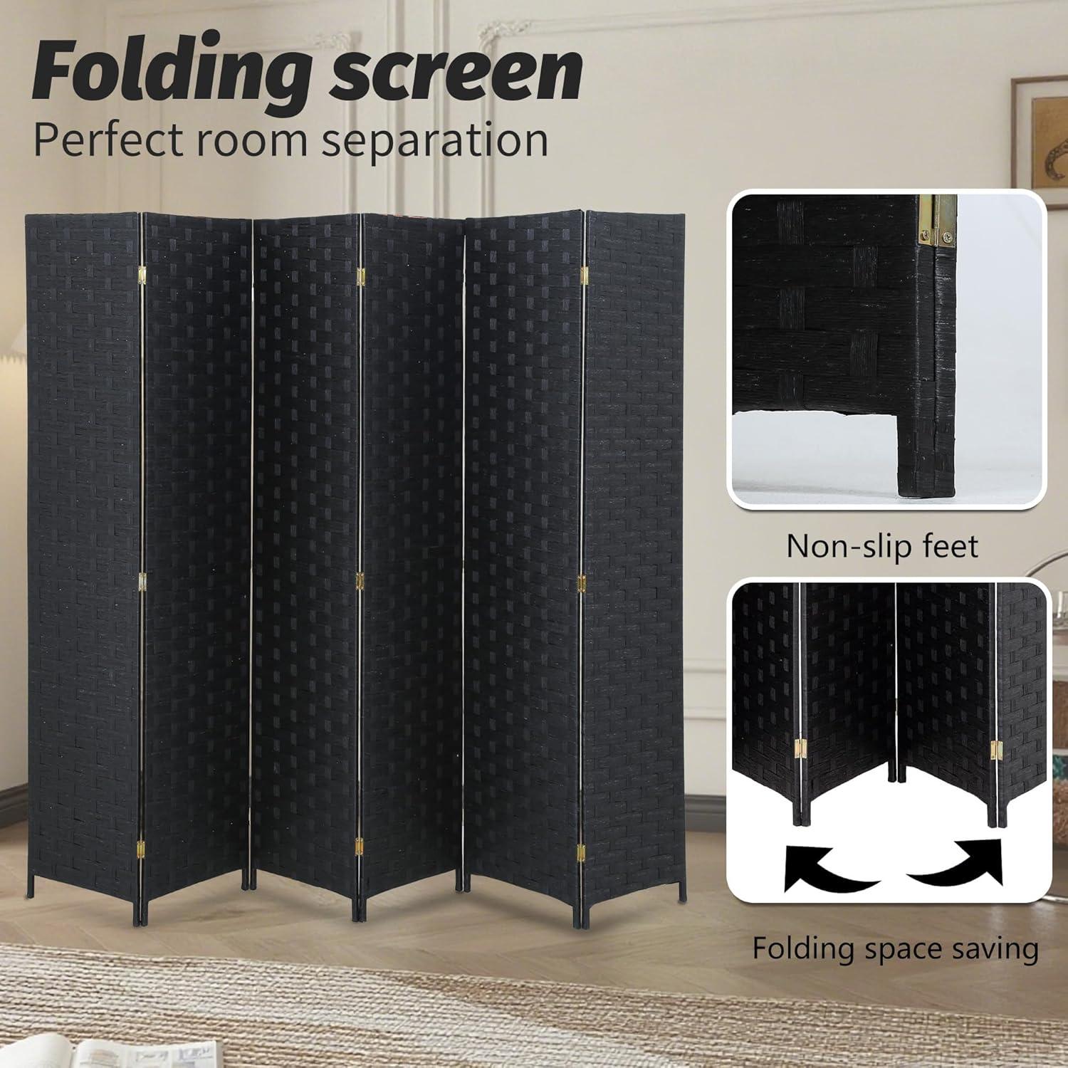 image:imageRoom Divider Wood Screen Wood Mesh Woven Design Room Screen Divider Folding Portable Partition Screen Screen Wood for Home Office 4 Panel GrayCoal Black