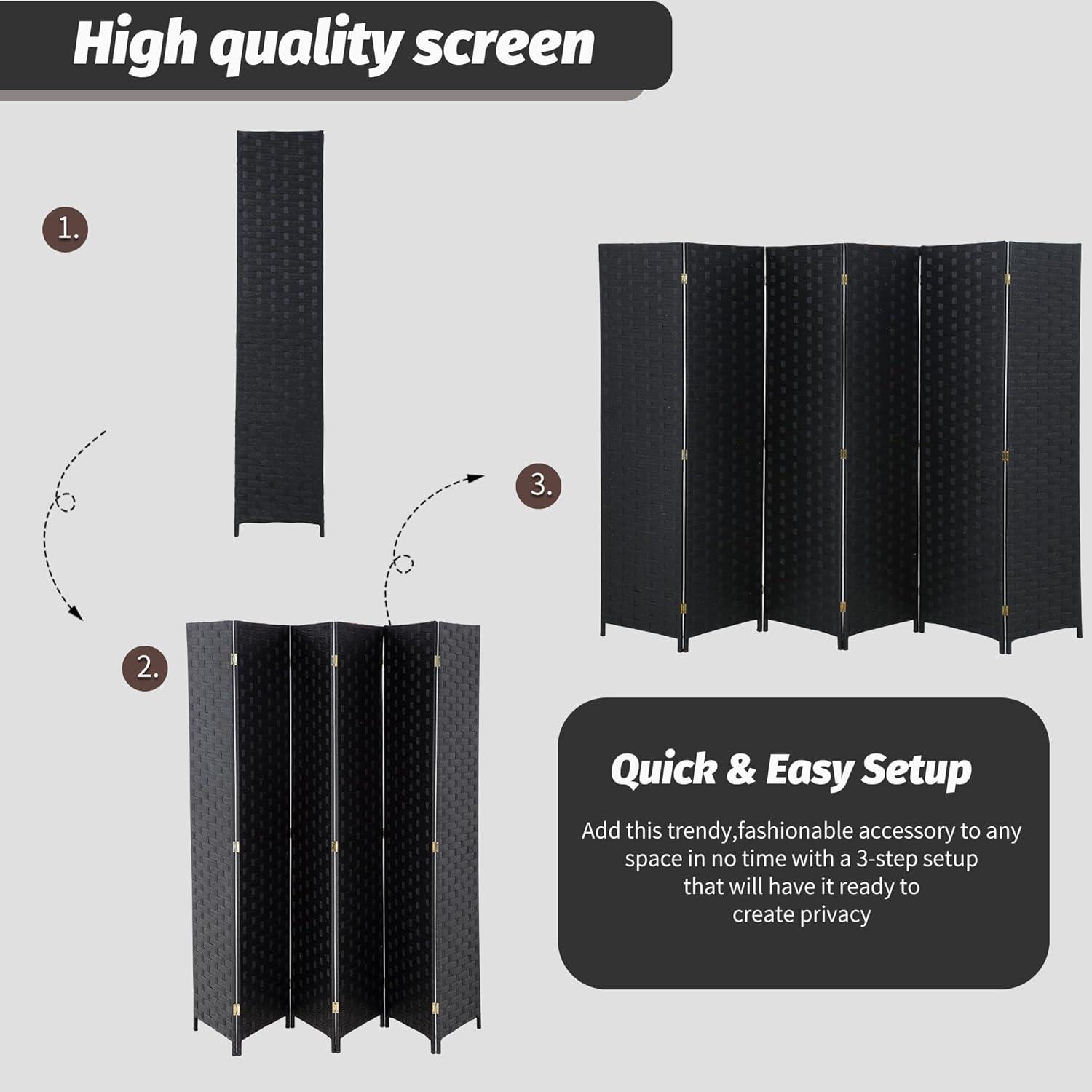 image:imageRoom Divider Wood Screen Wood Mesh Woven Design Room Screen Divider Folding Portable Partition Screen Screen Wood for Home Office 4 Panel GrayCoal Black
