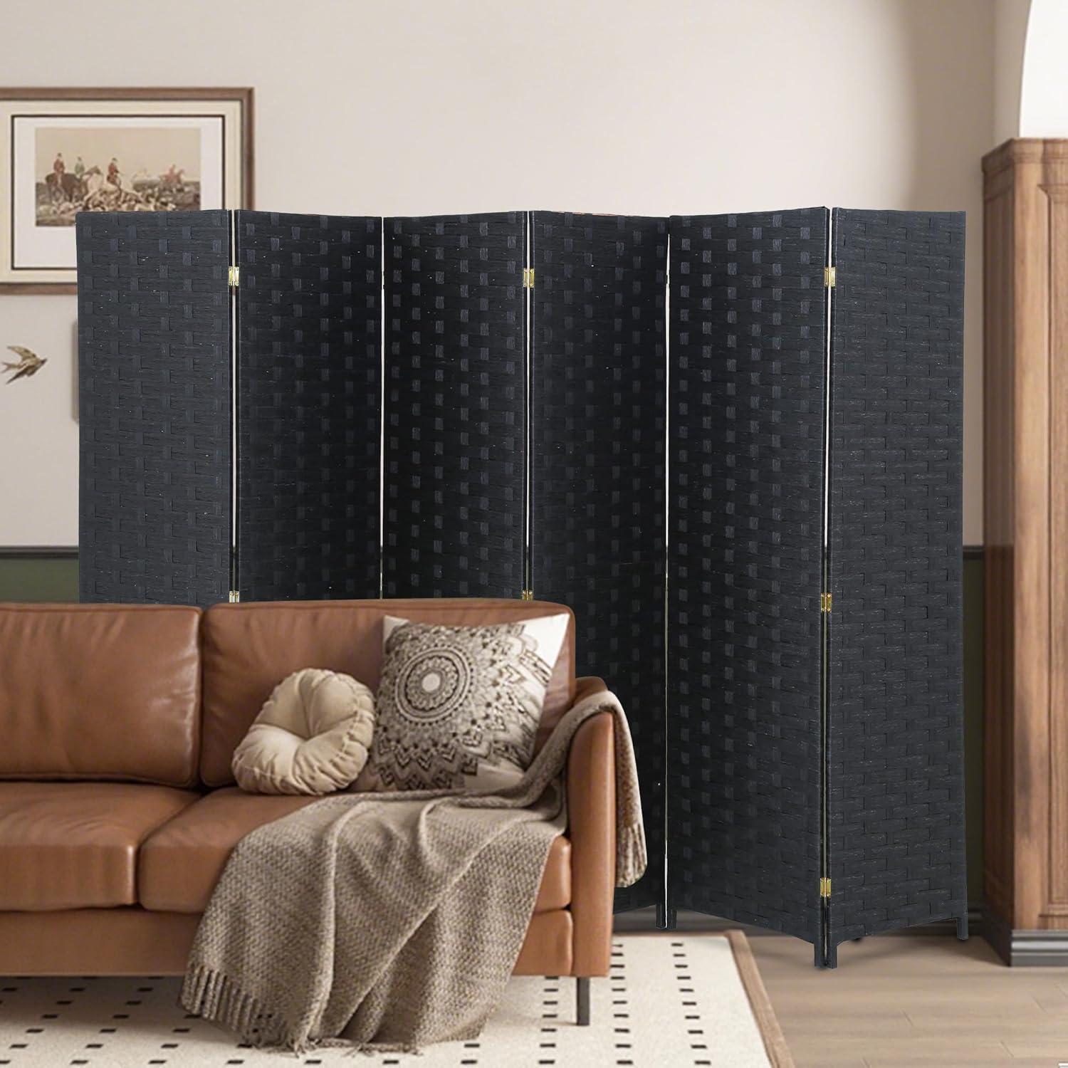 image:imageRoom Divider Wood Screen Wood Mesh Woven Design Room Screen Divider Folding Portable Partition Screen Screen Wood for Home Office 4 Panel GrayCoal Black