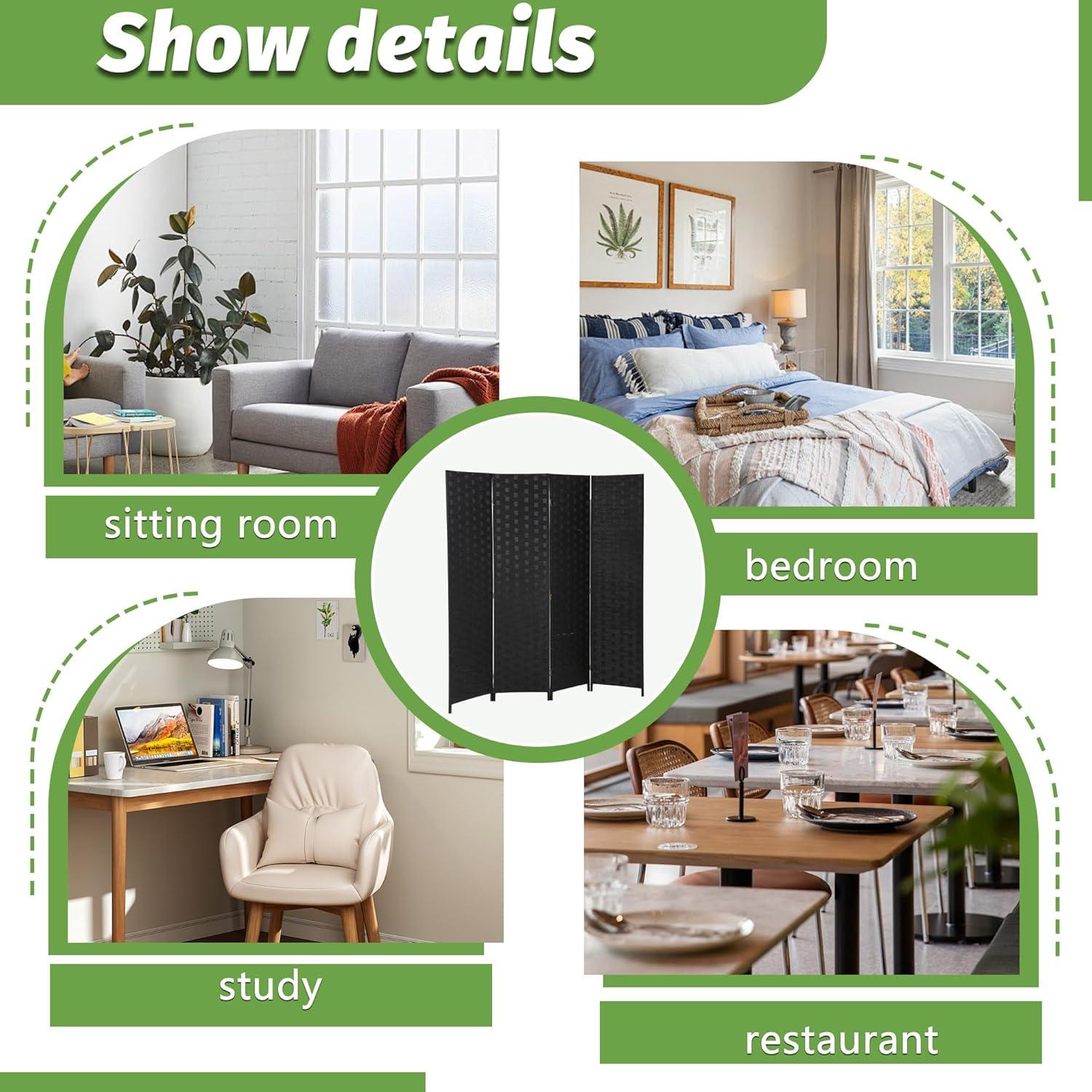 image:imageRoom Divider Wood Screen Wood Mesh Woven Design Room Screen Divider Folding Portable Partition Screen Screen Wood for Home Office 4 Panel GrayCoal Black