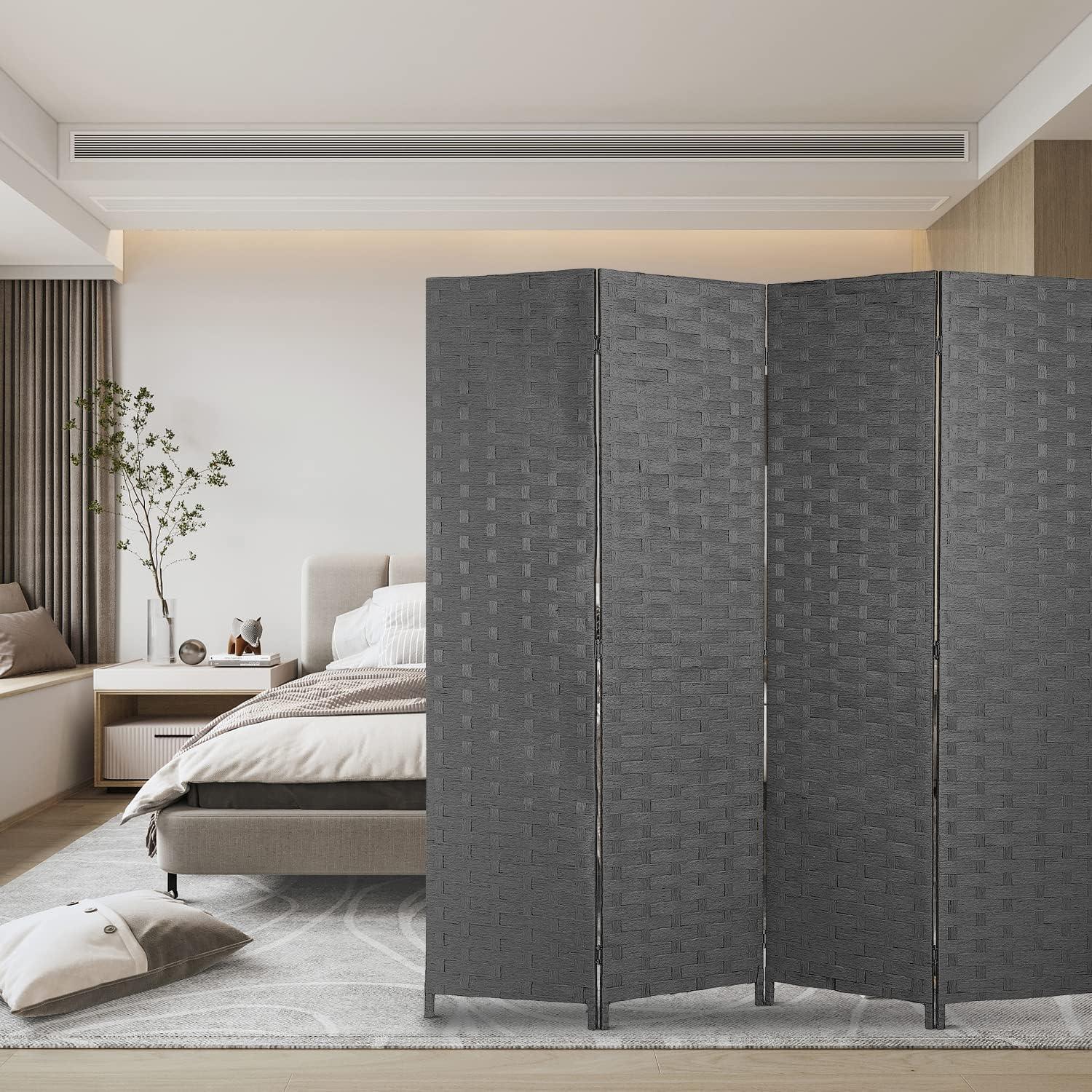 image:imageRoom Divider Wood Screen Wood Mesh Woven Design Room Screen Divider Folding Portable Partition Screen Screen Wood for Home Office 4 Panel GrayGrey