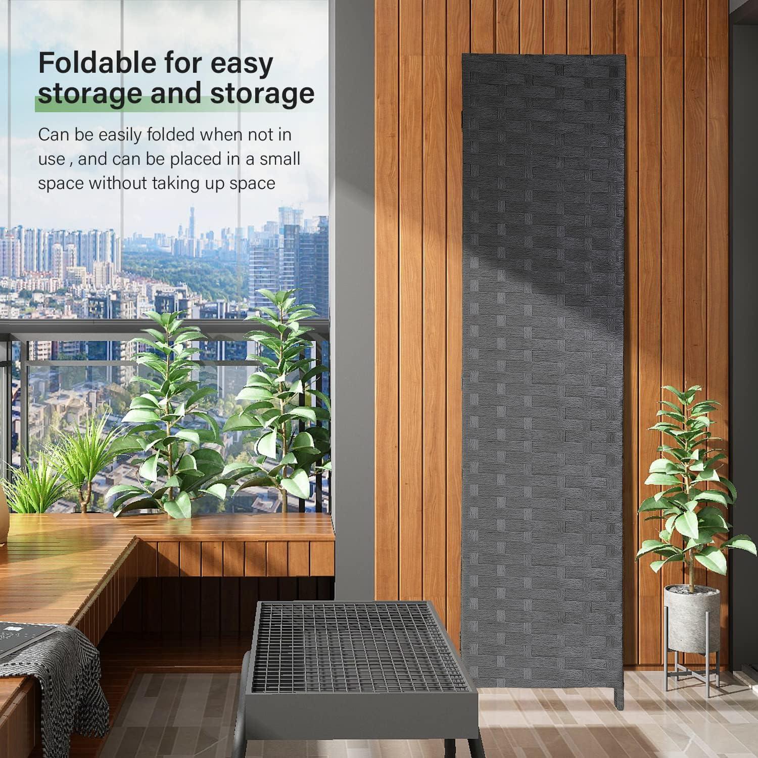 image:imageRoom Divider Wood Screen Wood Mesh Woven Design Room Screen Divider Folding Portable Partition Screen Screen Wood for Home Office 4 Panel GrayGrey
