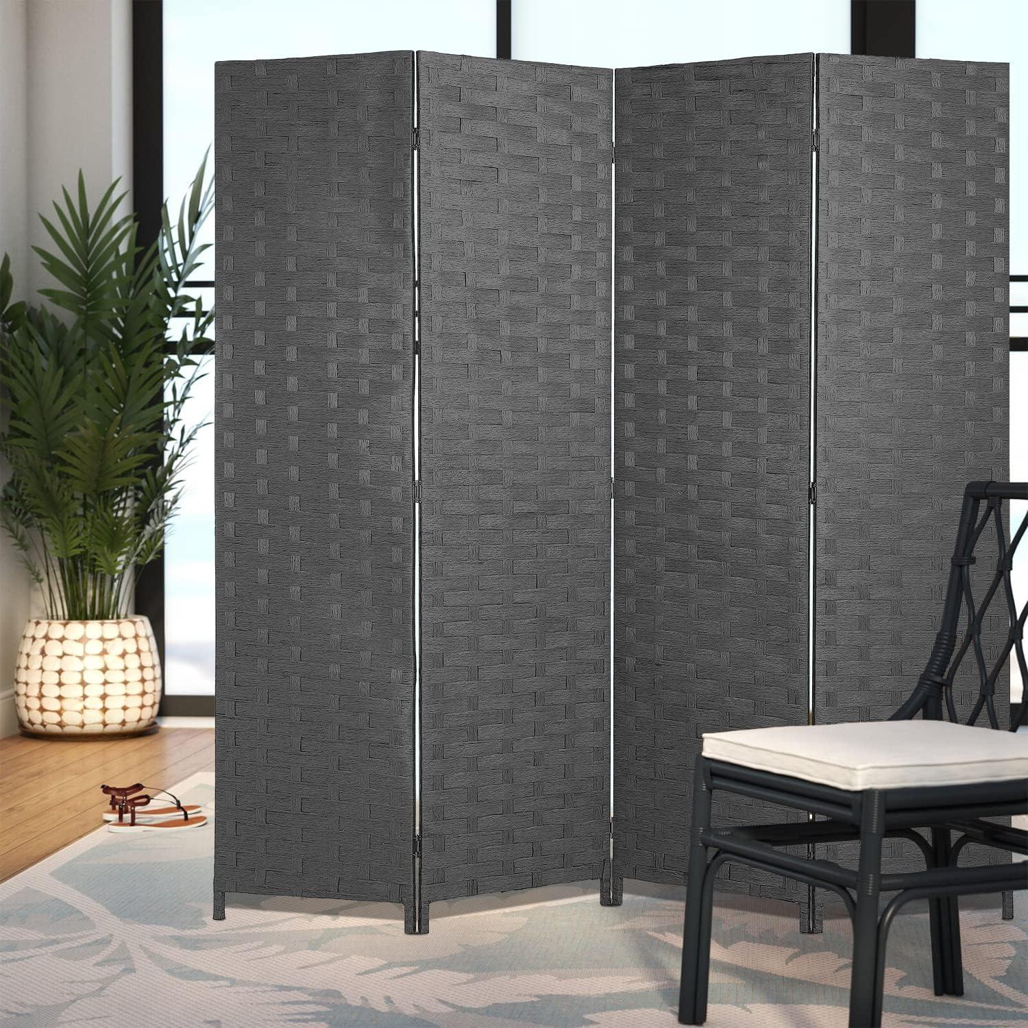 image:imageRoom Divider Wood Screen Wood Mesh Woven Design Room Screen Divider Folding Portable Partition Screen Screen Wood for Home Office 4 Panel GrayGrey