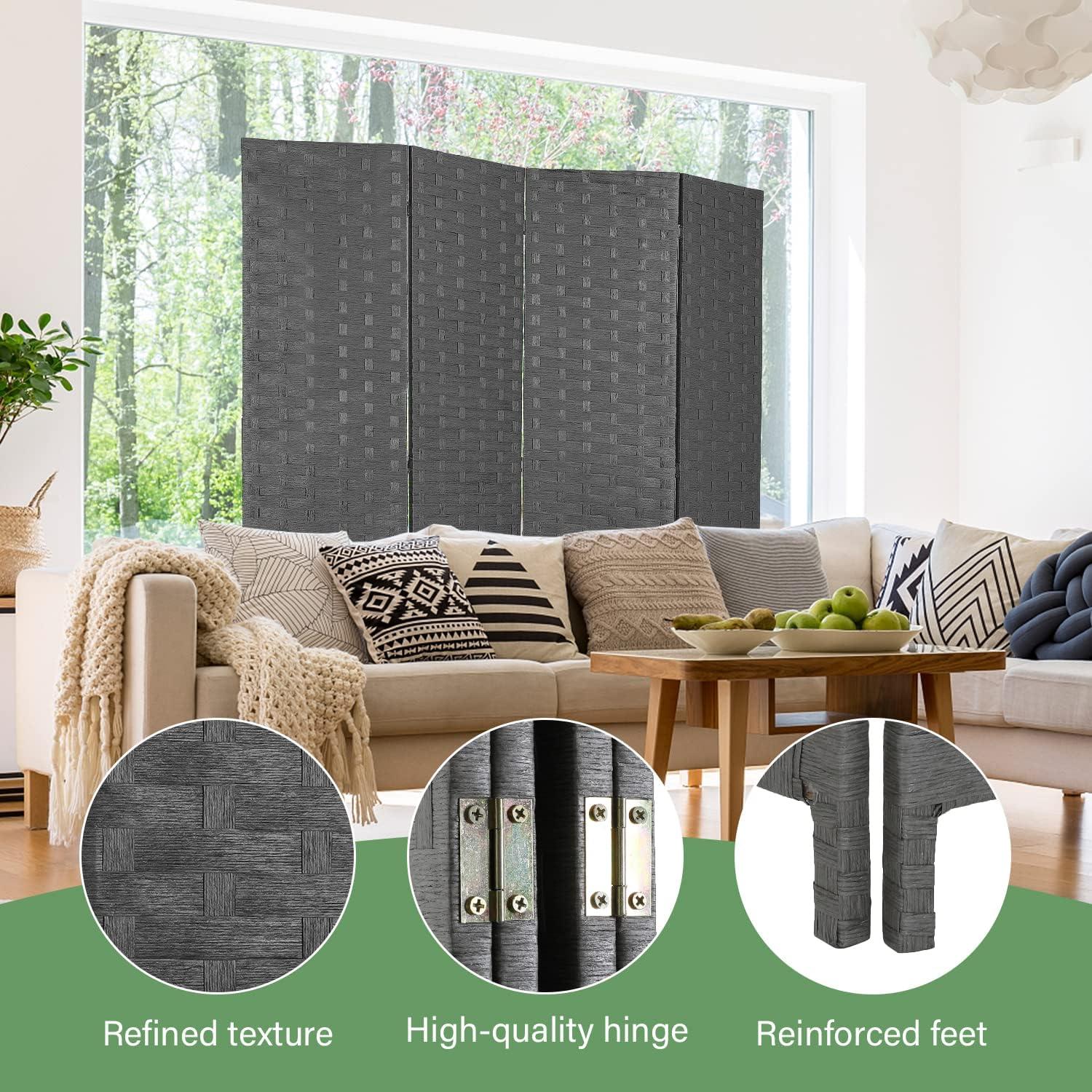 image:imageRoom Divider Wood Screen Wood Mesh Woven Design Room Screen Divider Folding Portable Partition Screen Screen Wood for Home Office 4 Panel GrayGrey