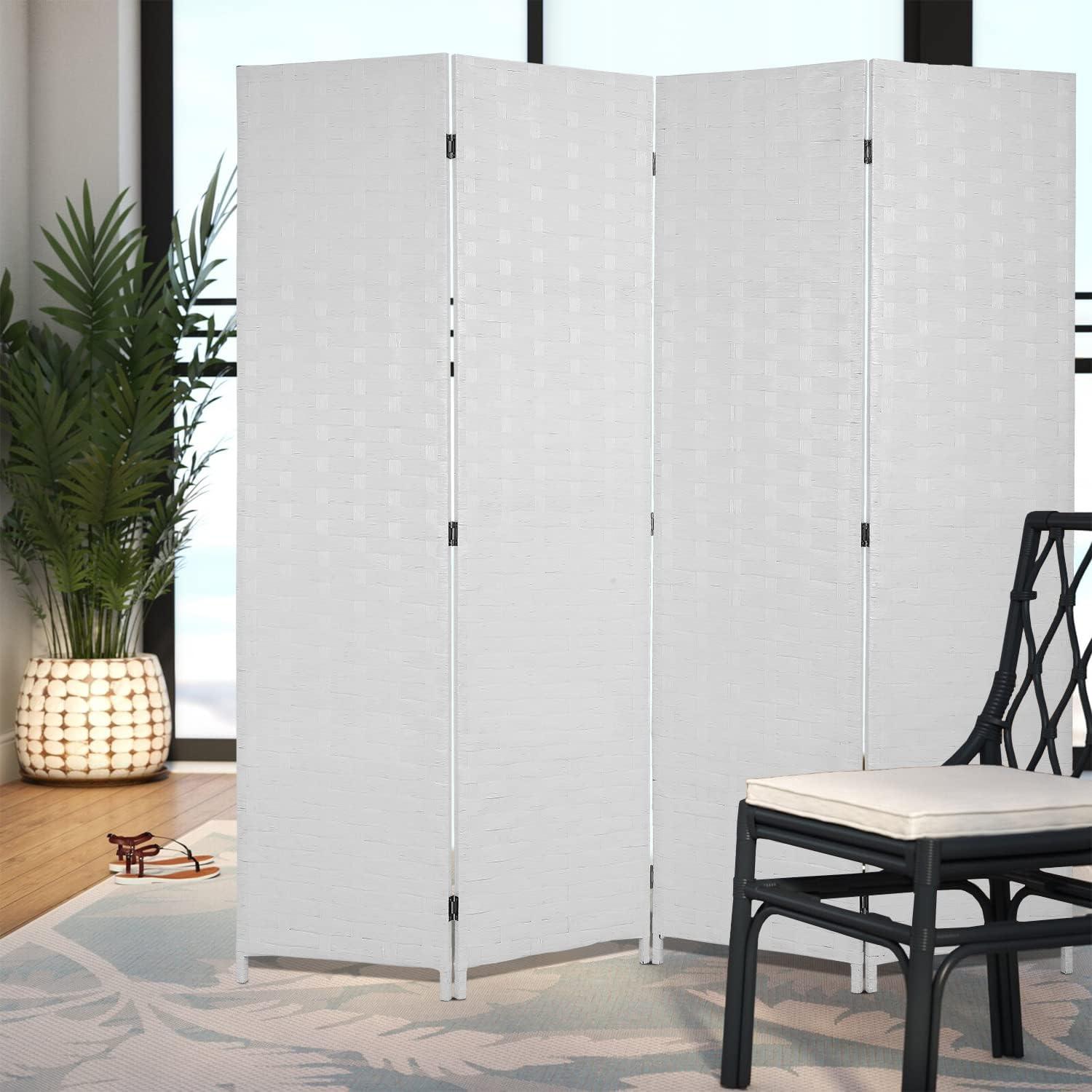 image:imageRoom Divider Wood Screen Wood Mesh Woven Design Room Screen Divider Folding Portable Partition Screen Screen Wood for Home Office 4 Panel GrayWhite