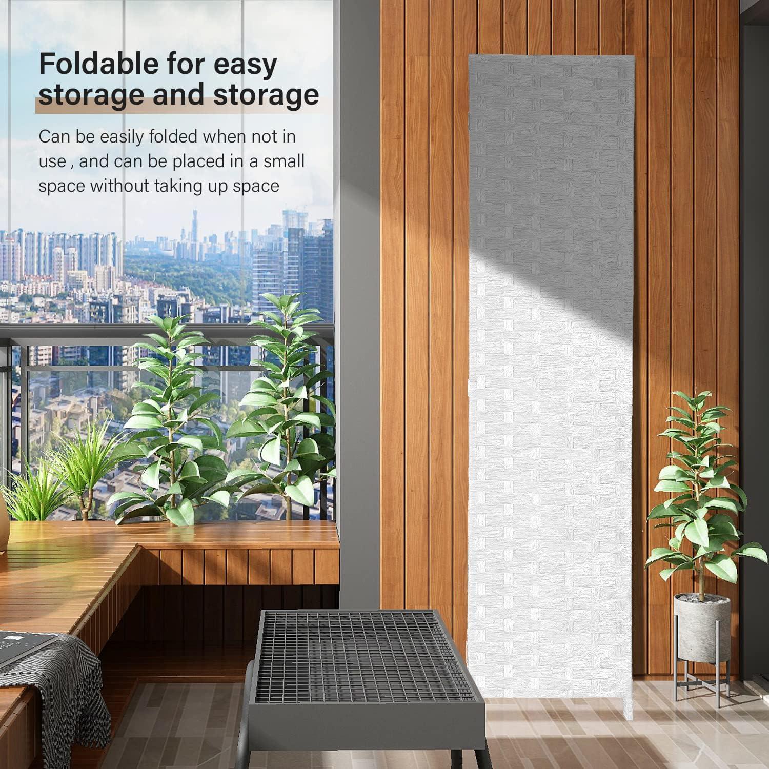 image:imageRoom Divider Wood Screen Wood Mesh Woven Design Room Screen Divider Folding Portable Partition Screen Screen Wood for Home Office 4 Panel GrayWhite