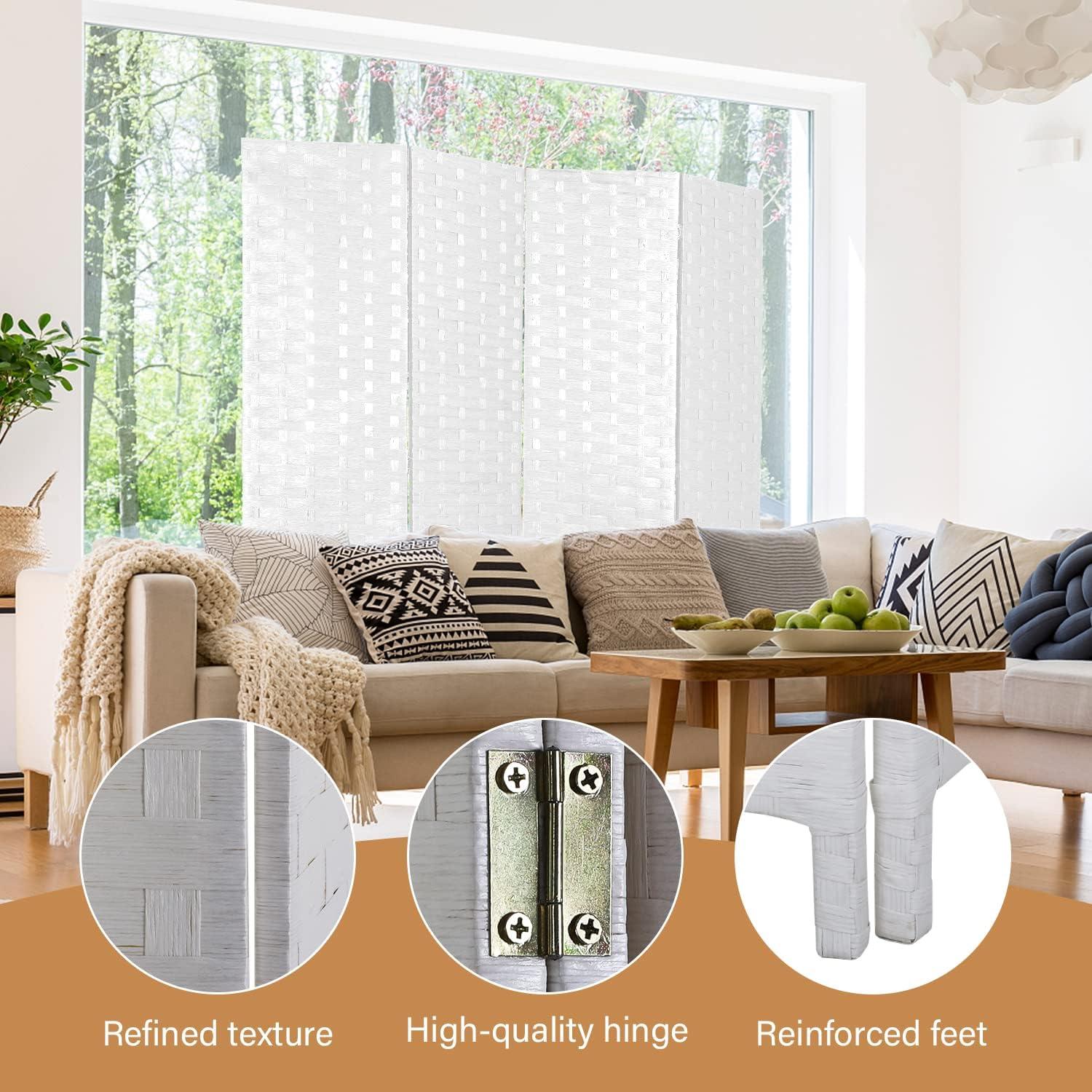 image:imageRoom Divider Wood Screen Wood Mesh Woven Design Room Screen Divider Folding Portable Partition Screen Screen Wood for Home Office 4 Panel GrayWhite