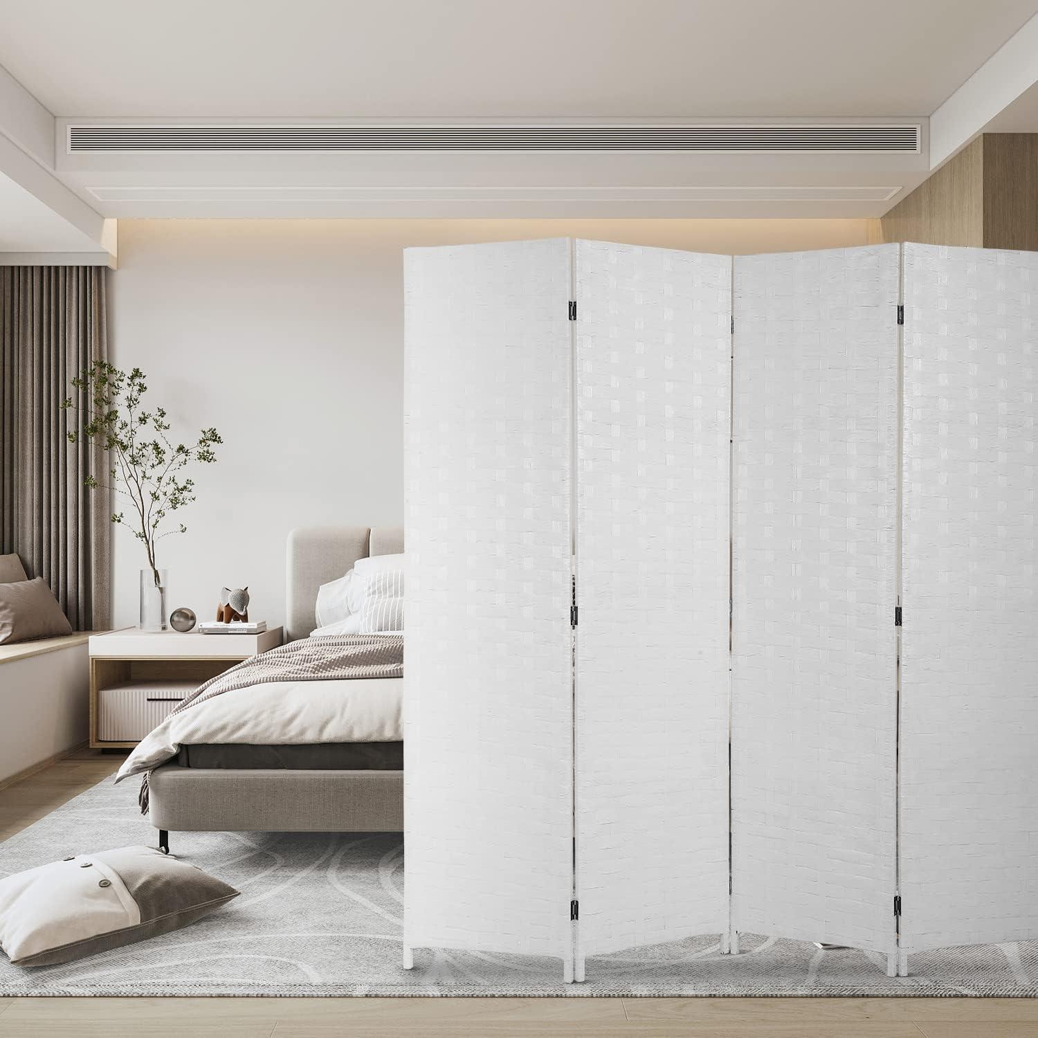 image:imageRoom Divider Wood Screen Wood Mesh Woven Design Room Screen Divider Folding Portable Partition Screen Screen Wood for Home Office 4 Panel GrayWhite