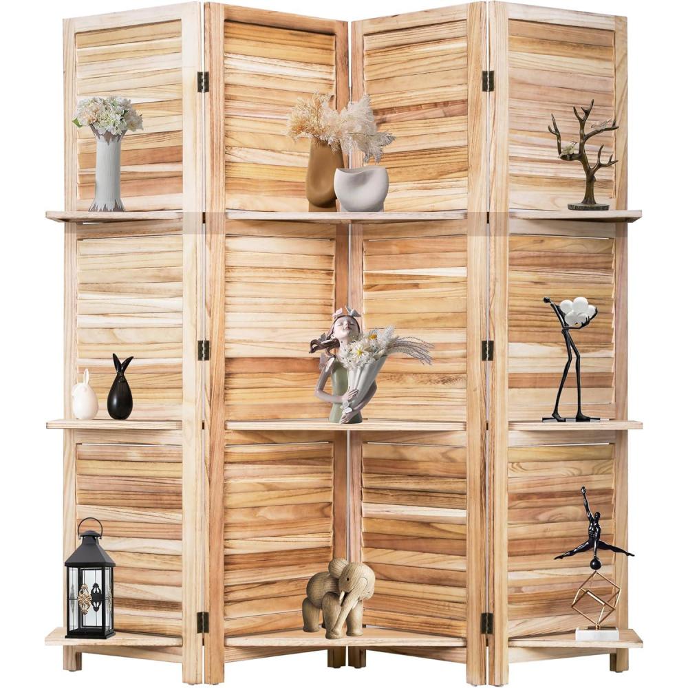 image:image4 Panel Room Divider Folding Privacy Wooden Screen with Three Clever Shelf Portable Partition Screen Screen Wood for Home OfficeNatural