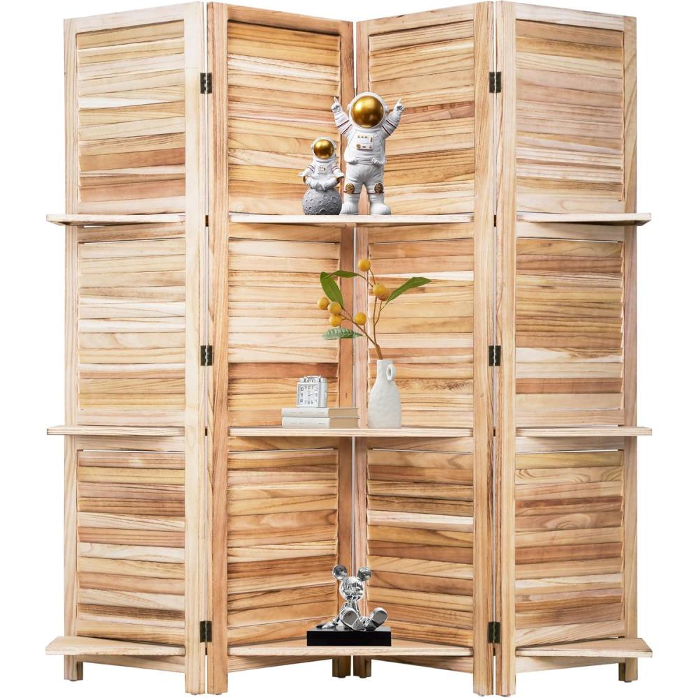 image:image4 Panel Room Divider Folding Privacy Wooden Screen with Three Clever Shelf Portable Partition Screen Screen Wood for Home OfficeNatural Wood