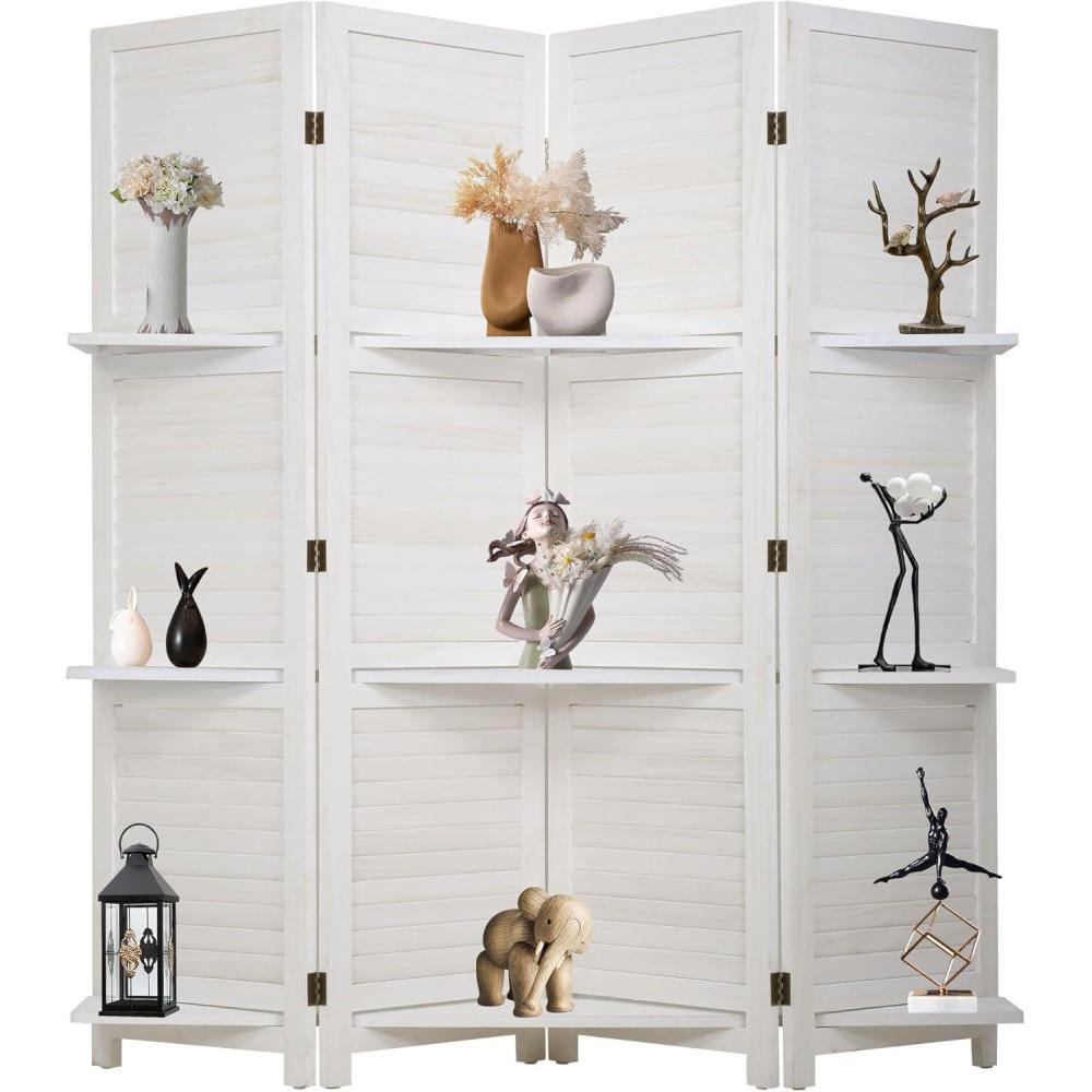image:image4 Panel Room Divider Folding Privacy Wooden Screen with Three Clever Shelf Portable Partition Screen Screen Wood for Home OfficeWhite