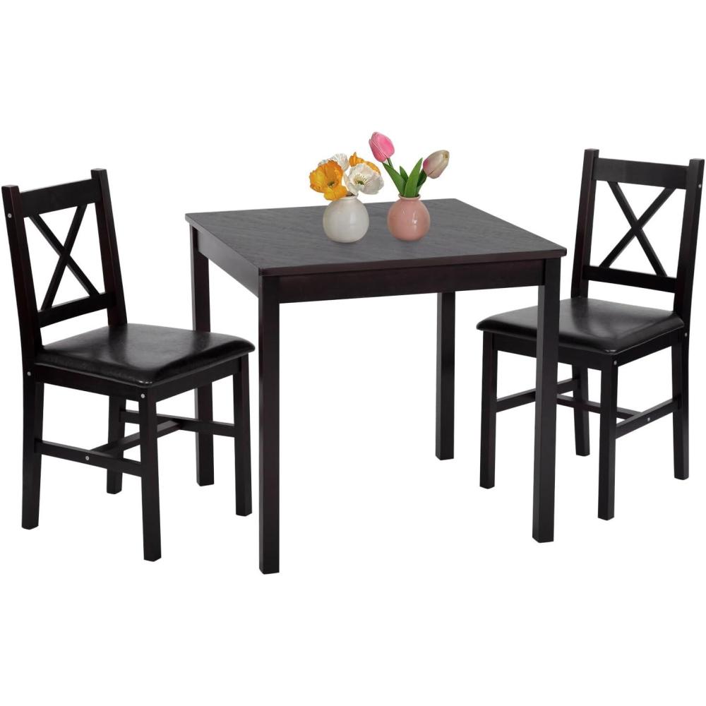 image:imageFDW 3Piece Solid Wood Dining Table Dark Brown Pine Kitchen Table with Upholstered Chairs SpaceSaving Design Smooth EasytoClean Surface for Dining Room Apartment Restaurantset for 2