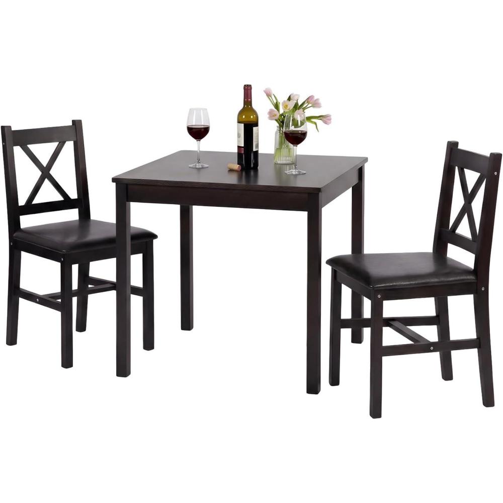 image:imageFDW 3Piece Solid Wood Dining Table Dark Brown Pine Kitchen Table with Upholstered Chairs SpaceSaving Design Smooth EasytoClean Surface for Dining Room Apartment Restaurant3 Piece