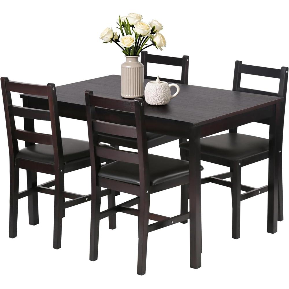 image:imageFDW 3Piece Solid Wood Dining Table Dark Brown Pine Kitchen Table with Upholstered Chairs SpaceSaving Design Smooth EasytoClean Surface for Dining Room Apartment Restaurant5 Piece
